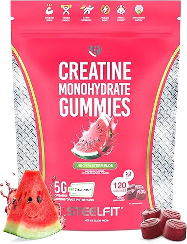 SteelFit Creapure - Gomitas de monohidrato de creatina para hombres y mujeres, sandía jugosa, suplementos nutricionales para entrenamiento de