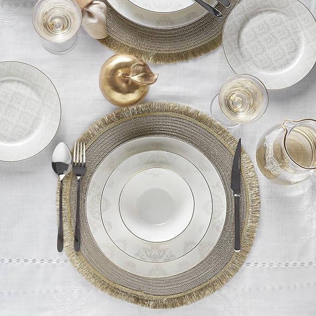 Karaca Siena Dinnerware Set of 12, 56 Pieces Porcelain Dinnerware Set, Chic Dinnerware, Round, Elegant White Gold Lace Decal Dinnerware Set, Dinnerware for Daily Use and Special Occasions
