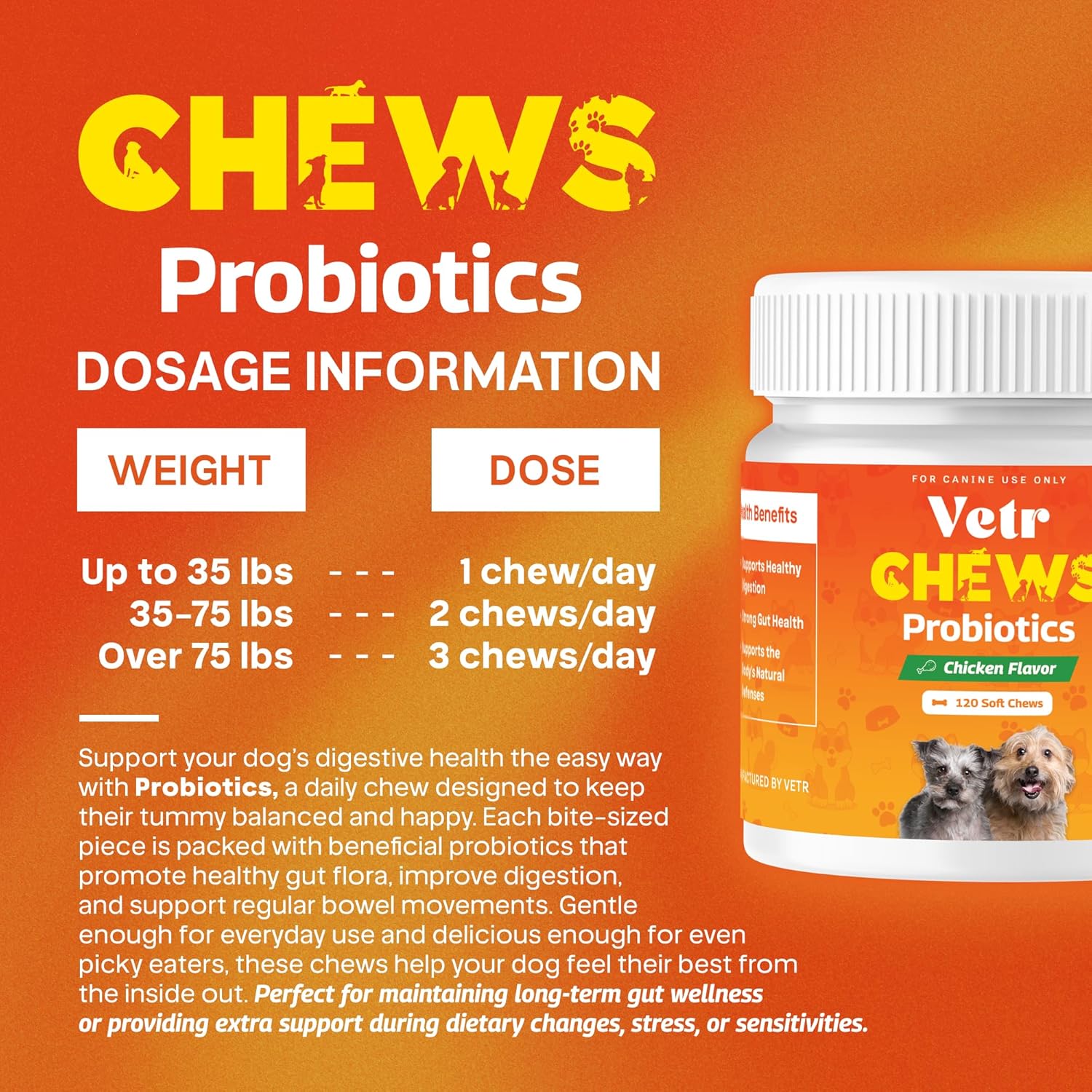 Vetr Probiotic Chews for Dogs - Chicken Flavored - Probiotics for Digestive Health - 120 Soft Chews - Vet-Formulated in USA
