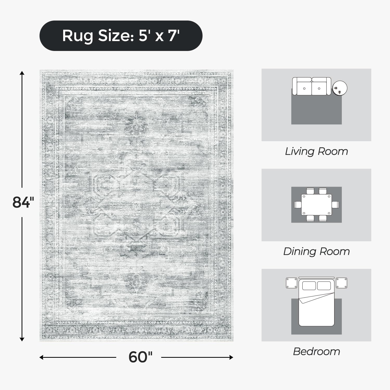5x7 Washable Area Rugs for Living Room, Soft Faux Wool Carpets for Bedroom Dining Room, Neutral Vintage Distressed Non Slip Stain Resistant Grey White Rug for Home Office Decor - Image 2