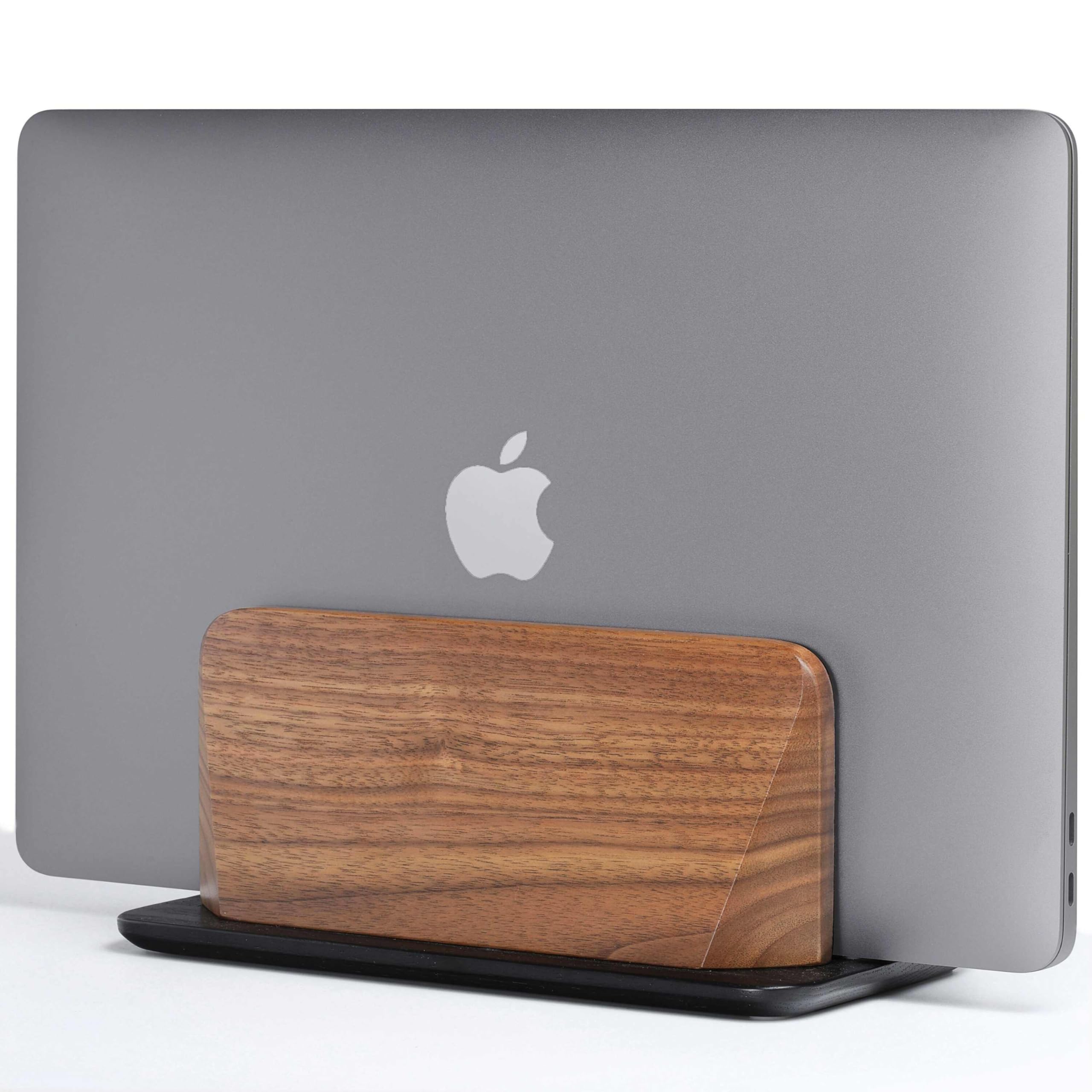 Vertical Laptop Stand Solid Black Walnut Body Black-Finished Ash Wood Base Wood Laptop Holder Vertical for Desk -