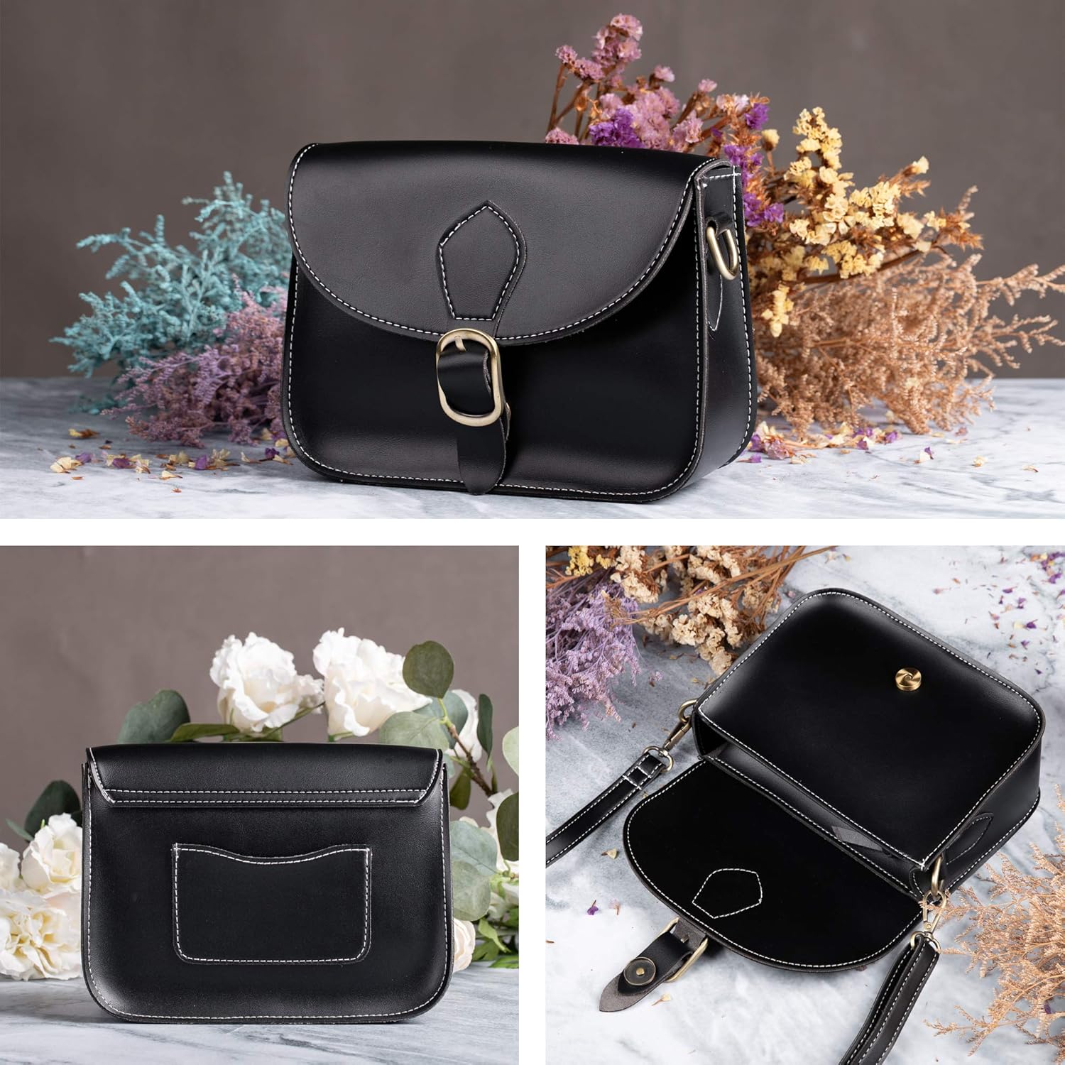 Crossbody Saddle Vegan Leather Bag Small Retro Satchel For Women Vintage Simple Handbag Faux Leather Casual Purse - Image 2