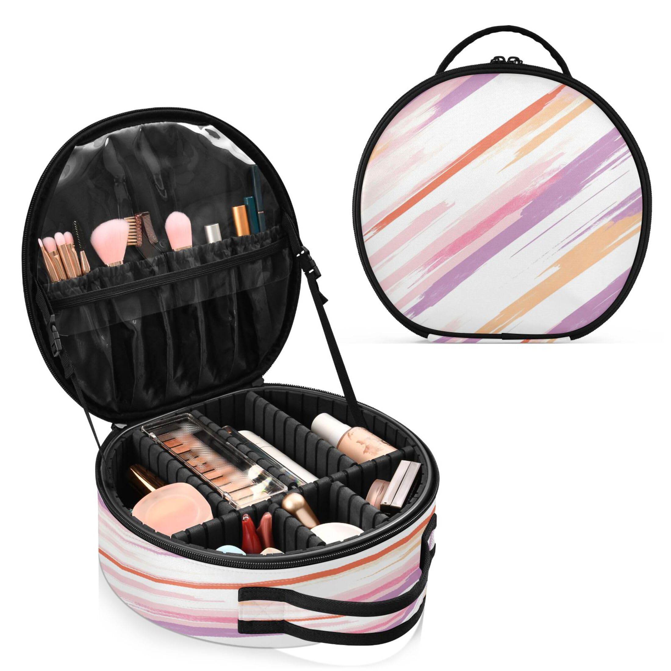 Takiito Lilac Stripes Travel Makeup Case Portable Makeup Box Artist Cosmetic Case Organizer With Adjustable Dividers