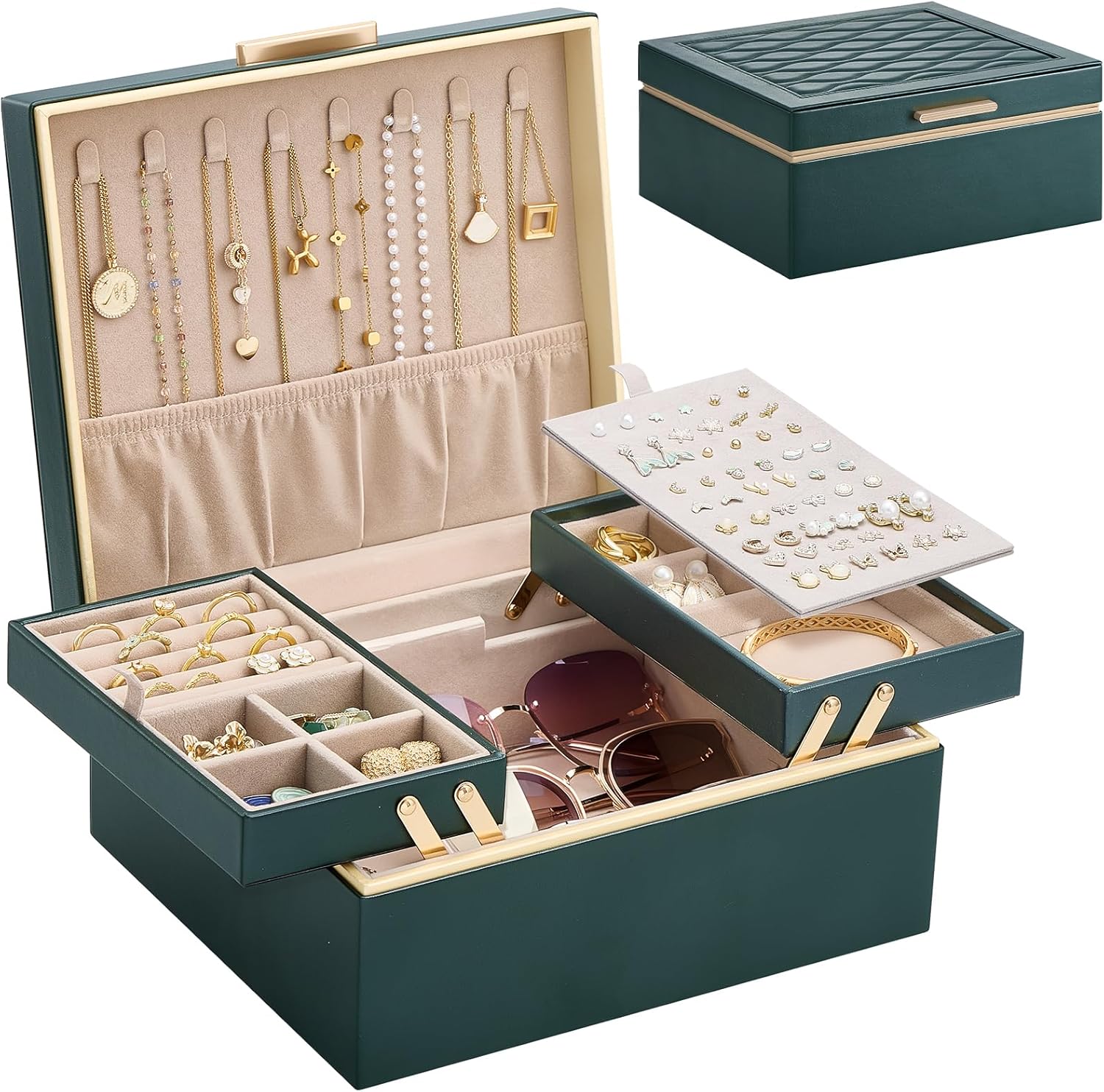 Lolalet Jewelry Box Organizer for Women Girls, 2 Layer Jewelry Organizers and Storage for Necklace Earrings Rings Bracelets, Large Jewellery Holder Case Birthday Valentine Gifts -DarkEmerald