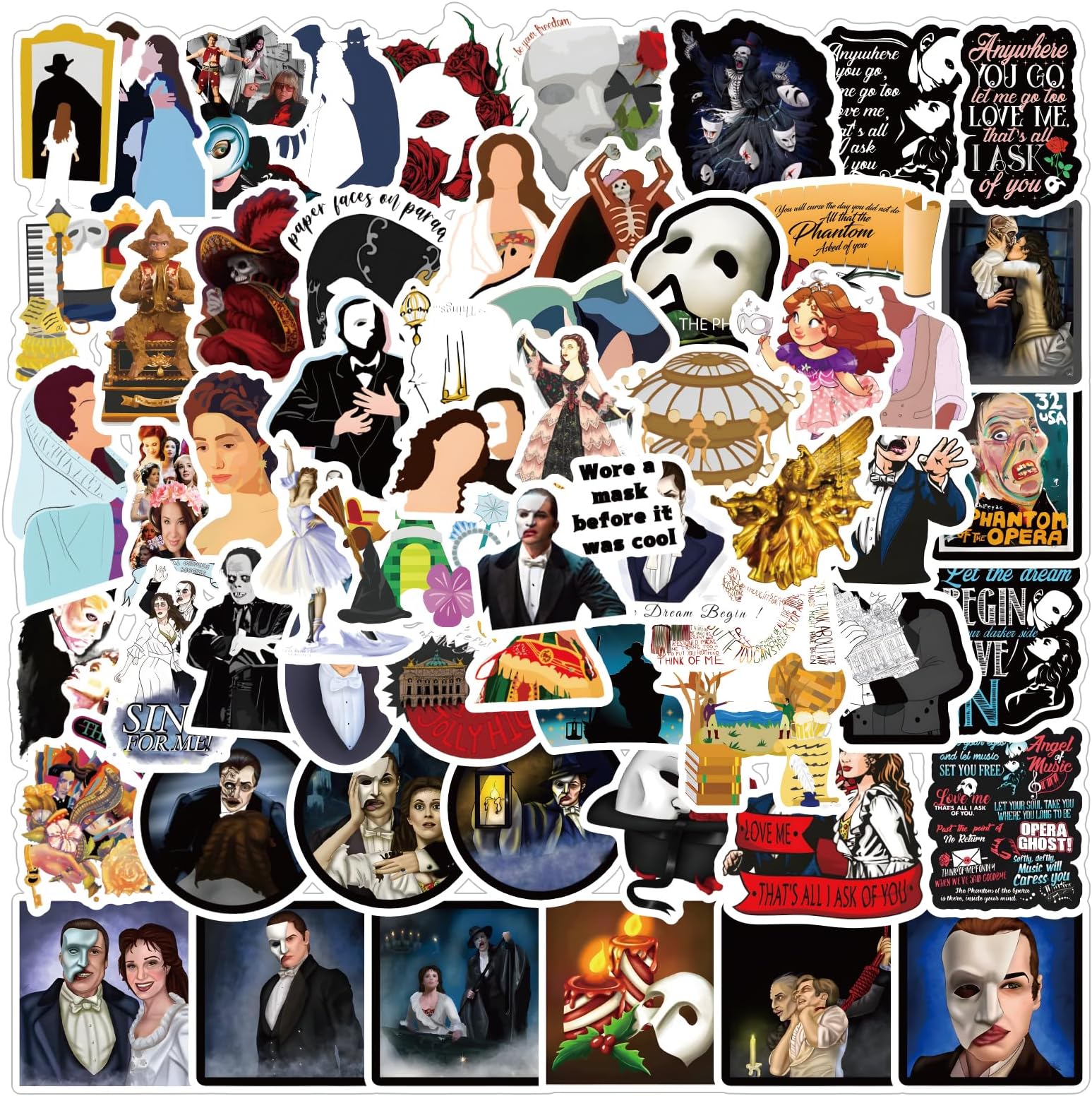 61Pcs The Phantom of The Opera Classic Movie Stickers Pack, Vinyl Waterproof Sticker for Water Bottle,Skateboard,Laptop,Phone,Journaling,Scrapbooking Decals for Teens Adults for Party Supply