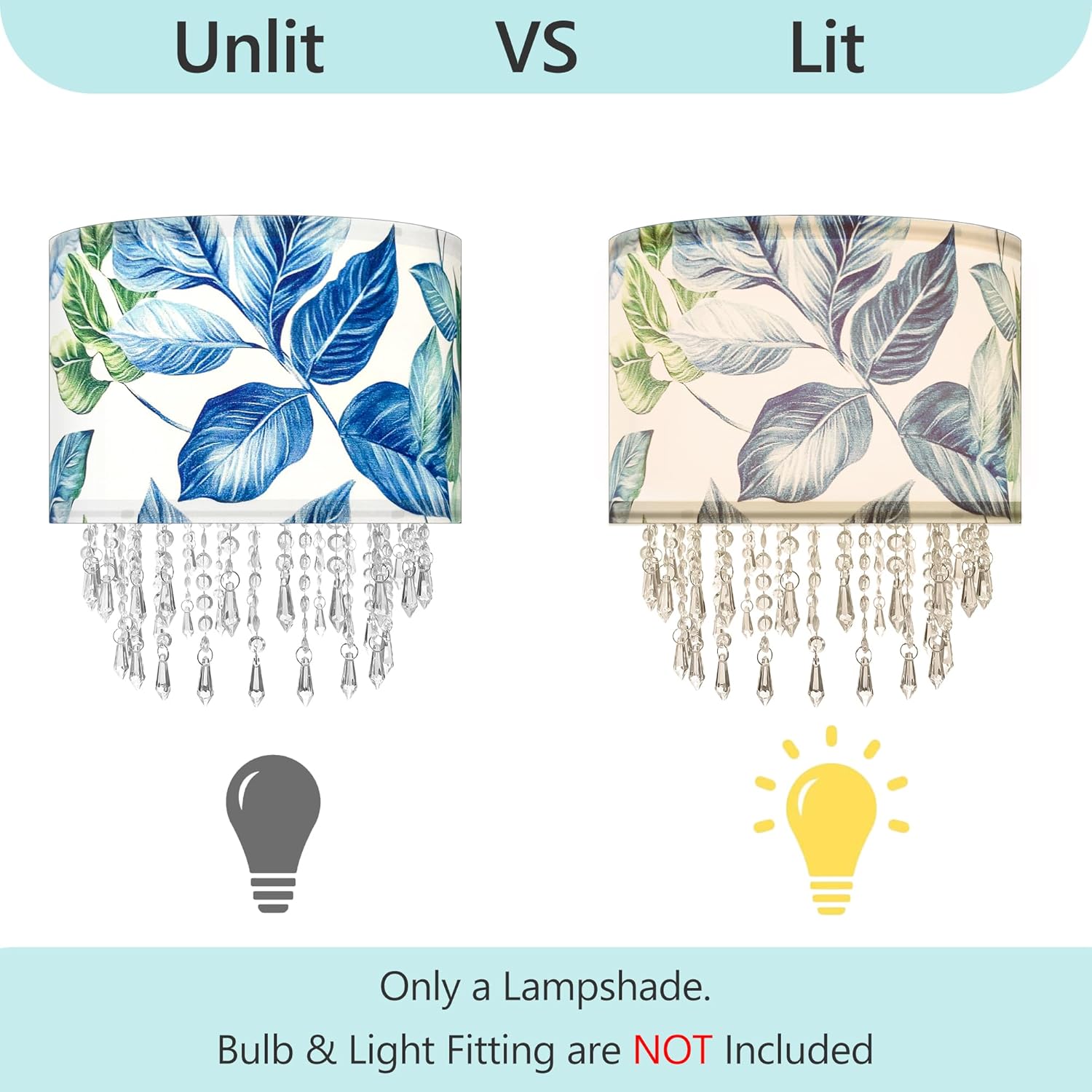 Blue Leaf Tropical Leaf Lamp Shade with Acrylic Bead Droplets, Drum Fabric Light Shade for Ceiling Pendant Table or Floor Lamps, Botanical Nature Home Decor, 11.8in