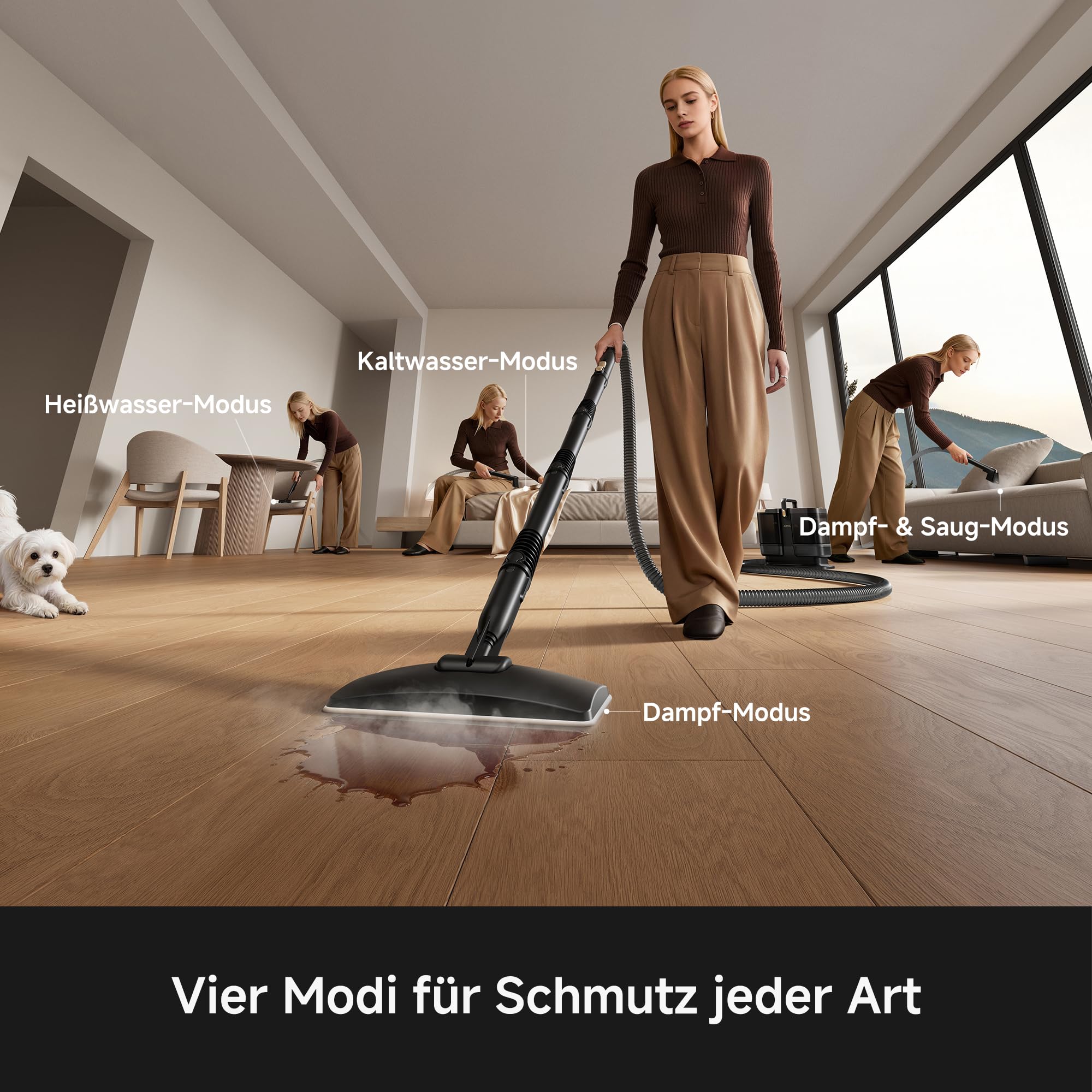 Mova S10 Steam Allzweck-Dampfreiniger mit 9 Aufsätzen, überhitztem Dampf, 16.000Pa Saugkraft, ≤5% Restfeuchte, 99,99% Bakterien- und Milbenentfernung, chemiefreier Reinigung