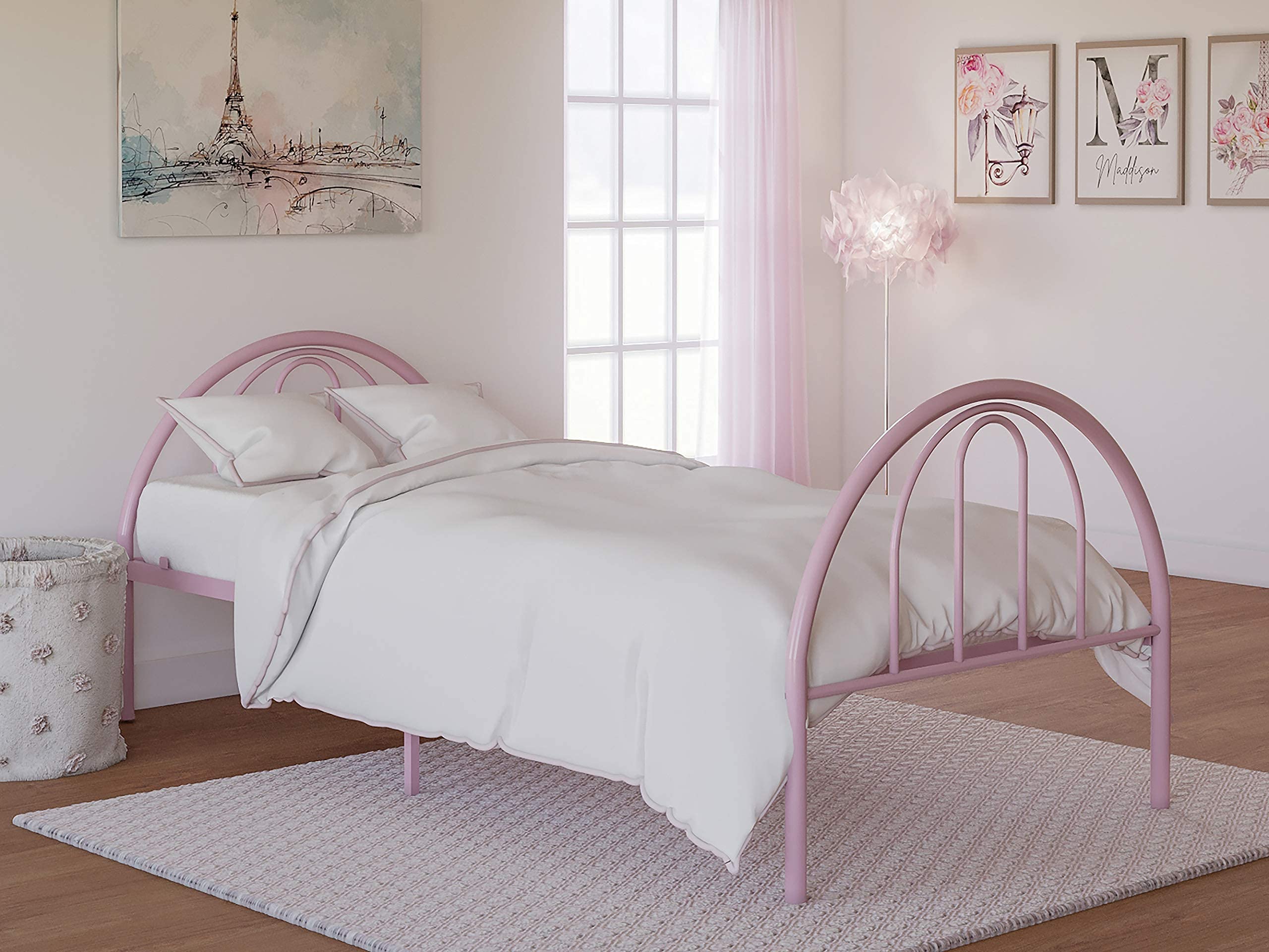 Rack Furniture Brooklyn Twin Size Bed Frame, Steel Classic Rounded Design Bed for Kids with 300 lb. Weight Capacity, No Box Spring Required (Pink)