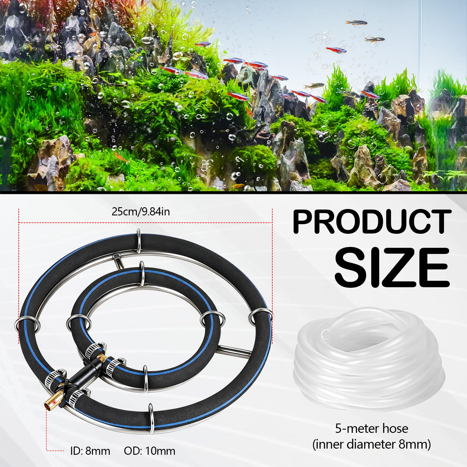 Belüfter Teich, 25cm Belüfterring für Teich Aquarium Edelstahl Doppelrahmen Teichbelüfter Fischteich Sauerstoff Diffuser mit 5M Luftschlauch Rohrdurchmesser 8mm Verwendung in Filtersystemen