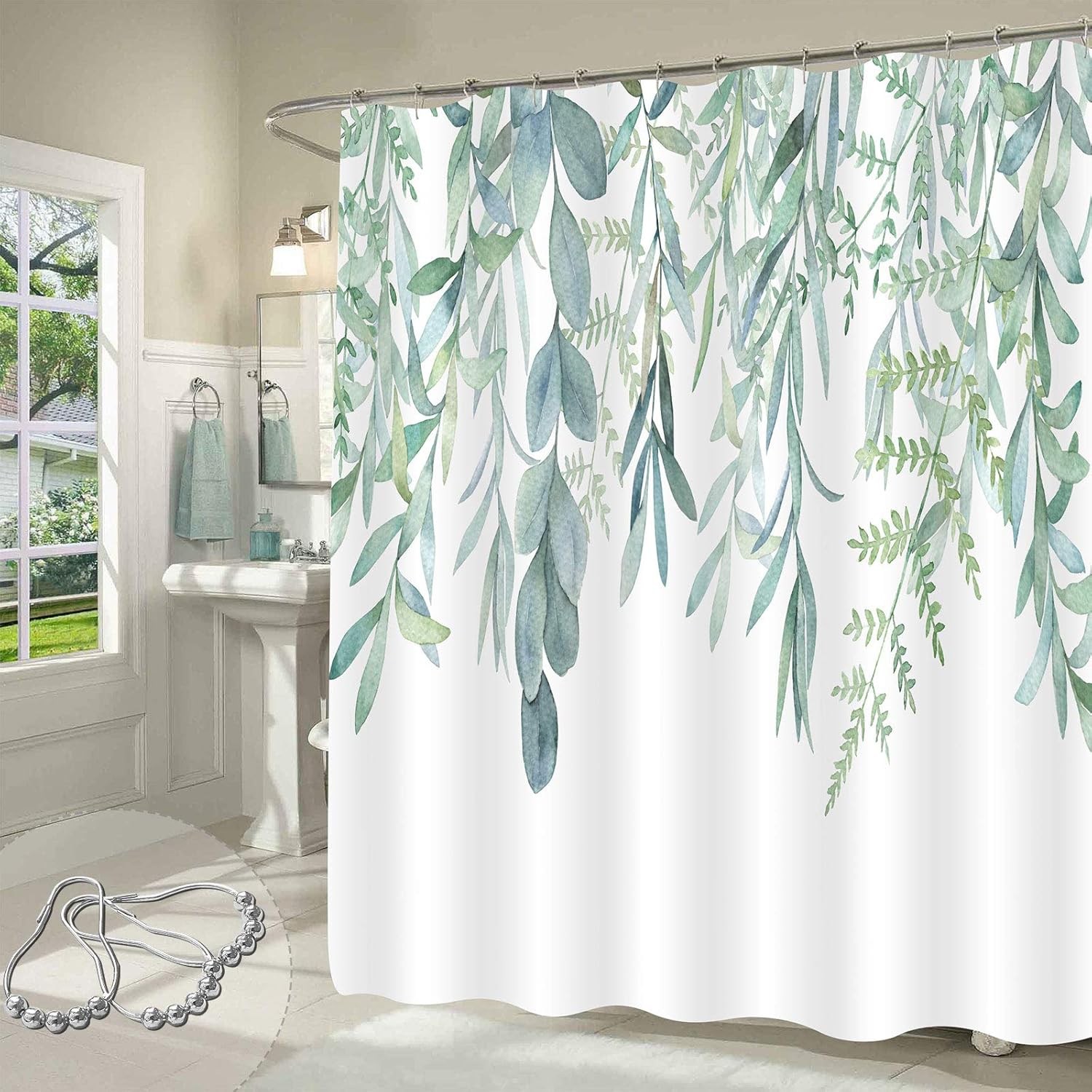 Gibelle Green Plant Leaves Shower Curtain, Spring Watercolor Eucalyptus
