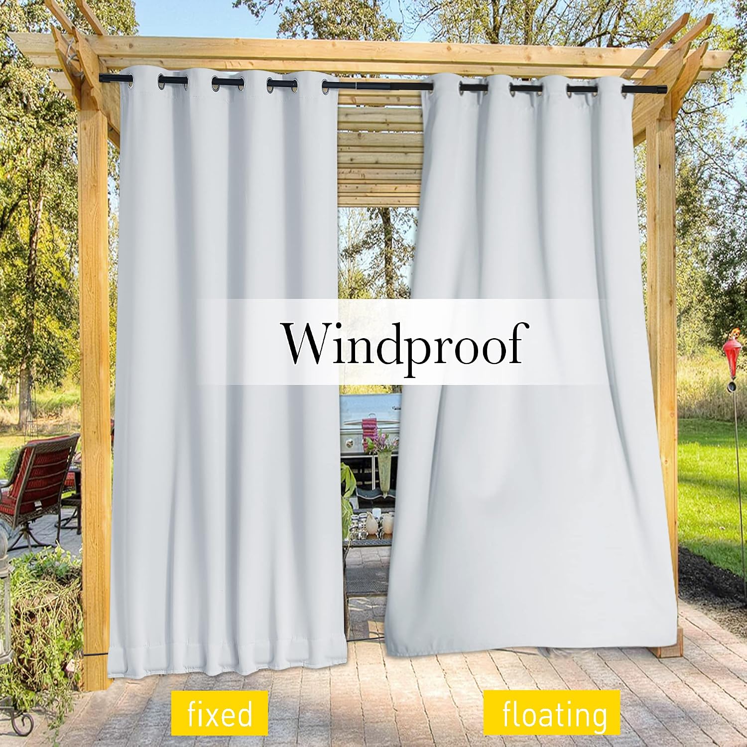  2 Panels Outdoor Curtains for Balcony Waterproof W46xL63 Off White | Windproof Grommet & Back Tab on Top & Bottom Weighted Privacy Light & Sound Reducing for Lanai with Bonus Rope for Fixed thumbnail