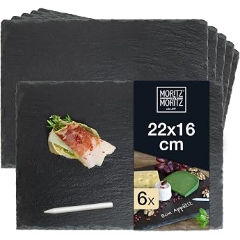 Moritz & Moritz 6 x Slate Serving Plates 22 x 16 cm with Chalk Pen Slate Plates for Buffet Sushi and Cheese Perfect for Serving and as Decoration