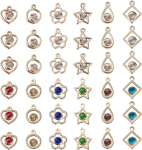 Cheriswelry Colgantes de corazón de aleación de oro claro con diamantes de imitación, colgantes de cristal brillante, cuentas de flores para aretes,