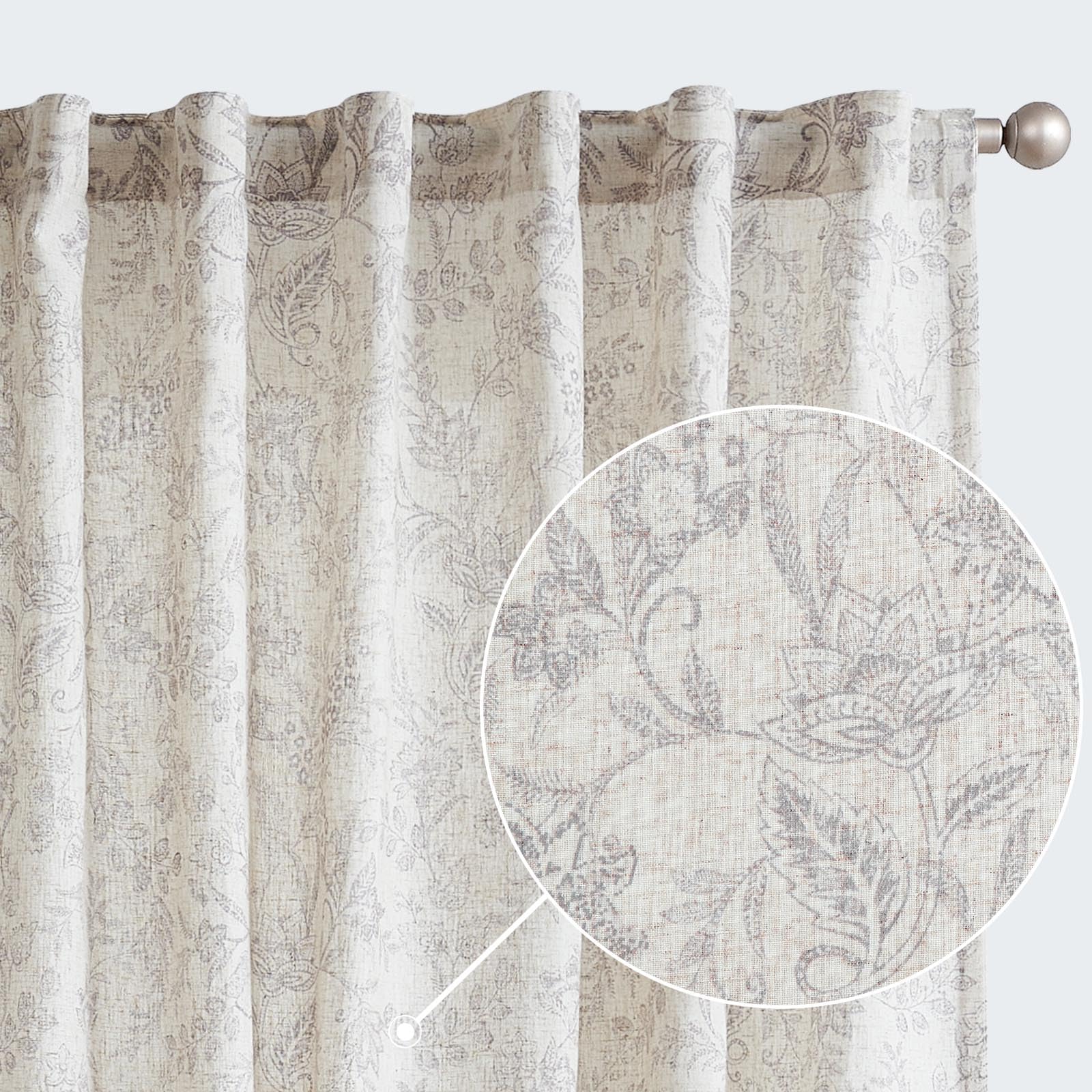 jinchan Floral Curtains Linen Curtains for Living Room Verbena Grey French Country Farmhouse Curtains 96 Inches Long Light Filtering Window Back Tab Semi Sheer Curtains 2 Panels Verbena Grey on Beige
