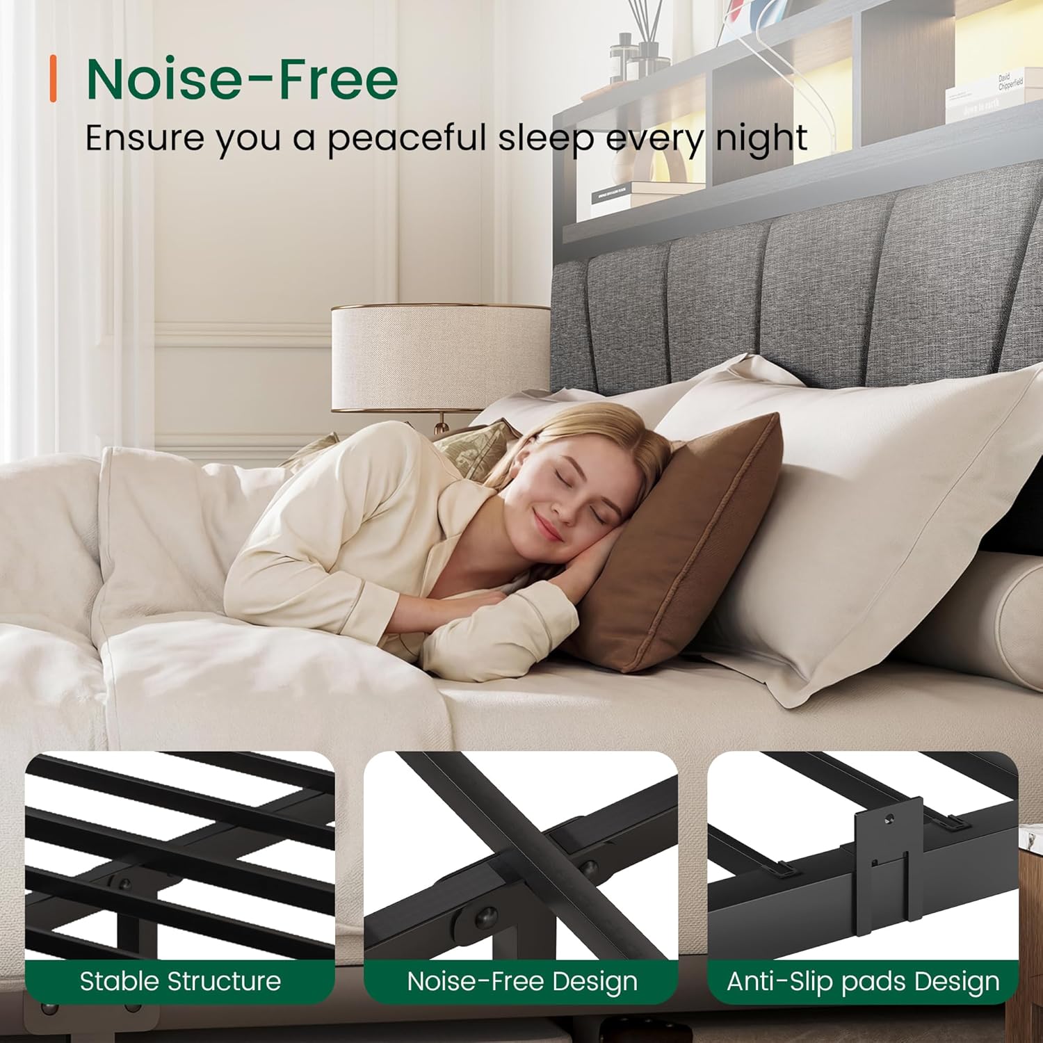 LARMACE Full Size Bed Frame with 2 Storage Drawers, Upholstered Headboard, LED Light & Charging Station, Metal Platform Bed Frame, No Box Spring Needed, Easy Assembly, Black Oak