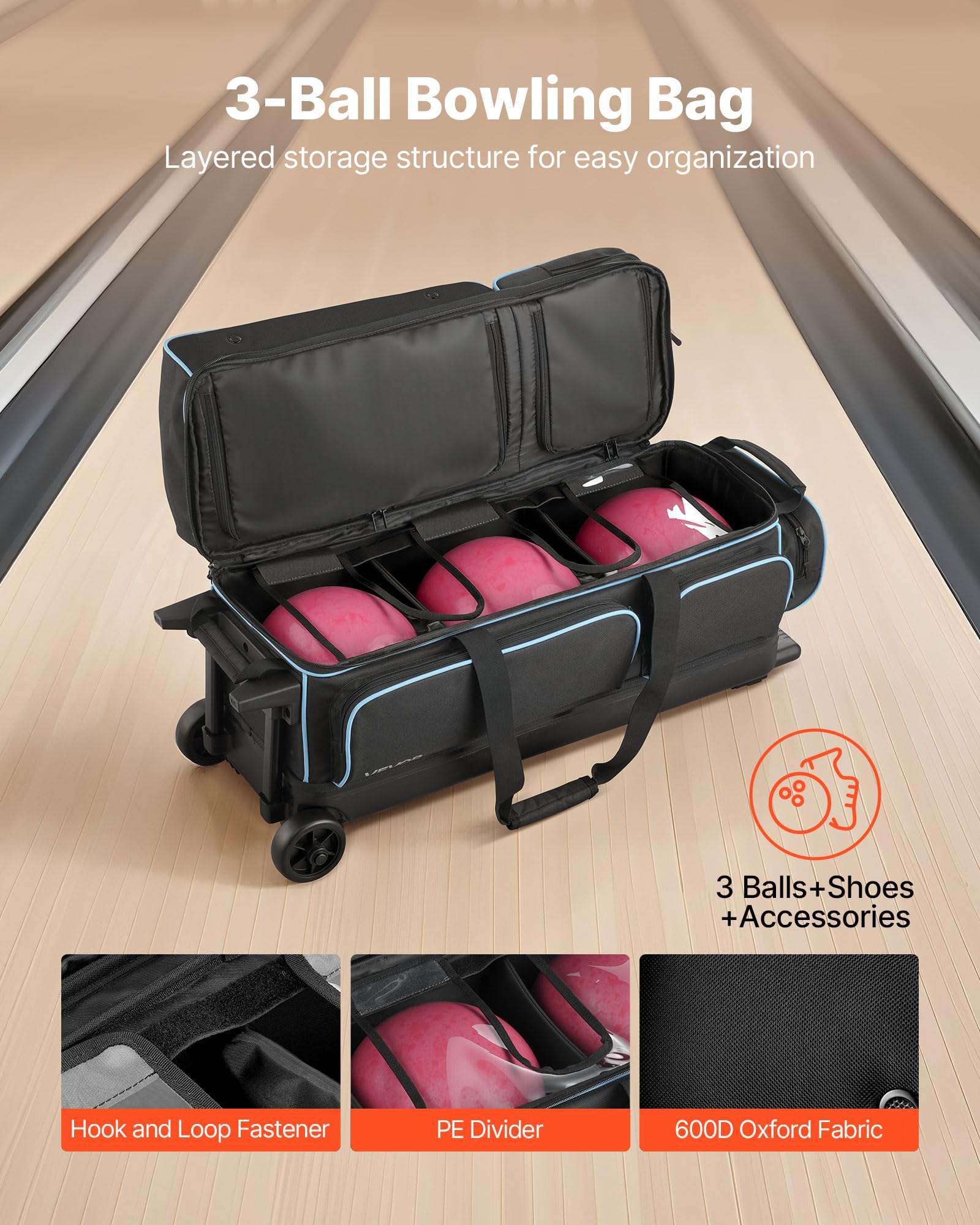 VEVOR Bolsa para 3 Bolas con Ruedas Dobles, Compartimento Separado para Zapatos hasta Talla 16 de EE. UU. y Bolsillo Extragrande para Accesorios. Asa Retráctil hasta 105 cm, 790 x 320 x 390 mm