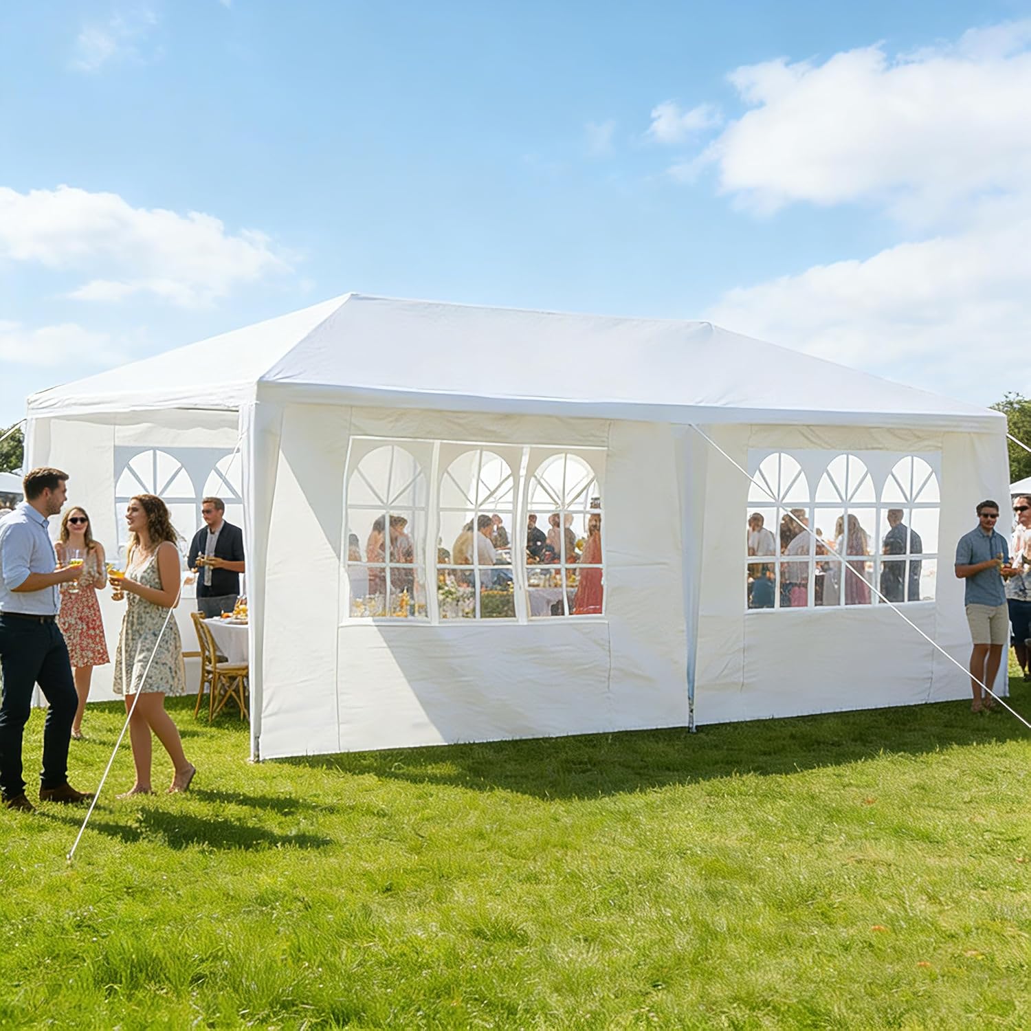 10x20FT Party Tent Outdoor Canopy with 4 Removable Window Sidewalls, PE Fabric Gazebo Shelter with Steel Frame, Ropes & Stakes Included，for Wedding, Camping, Parking, Backyard Parties & Events