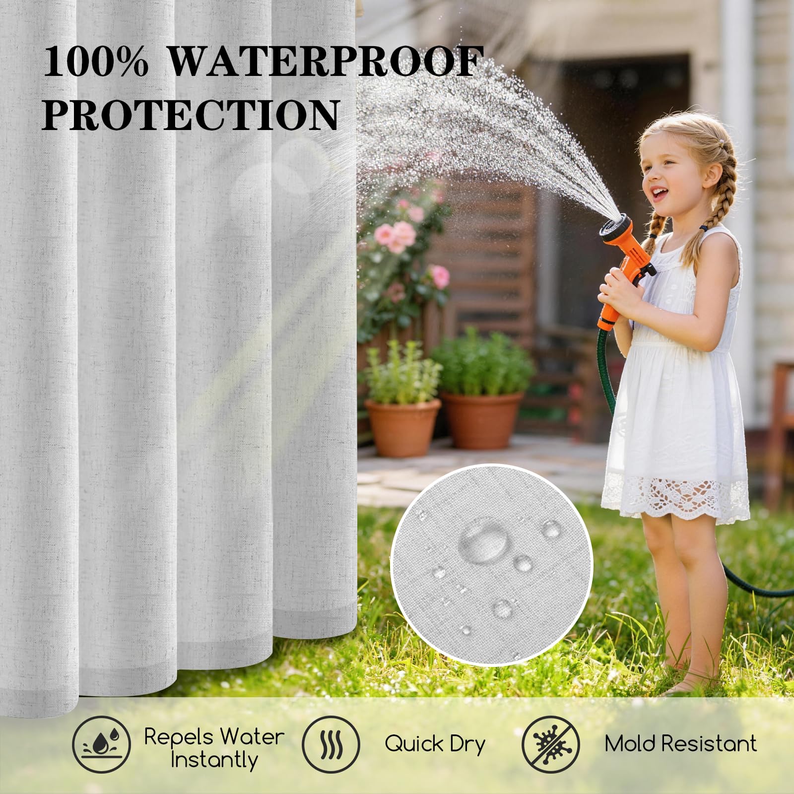 Rideau Exterieur en Lin, Lot de 2 Rideaux D'extérieur Impermeable, Rideau Pergola Extérieur avec Oeillets en Haut, Rideau Occultant Exterieur Pour Terrasse Balcon Tonnelle Porte(132 x 215cm, Gris) - 3