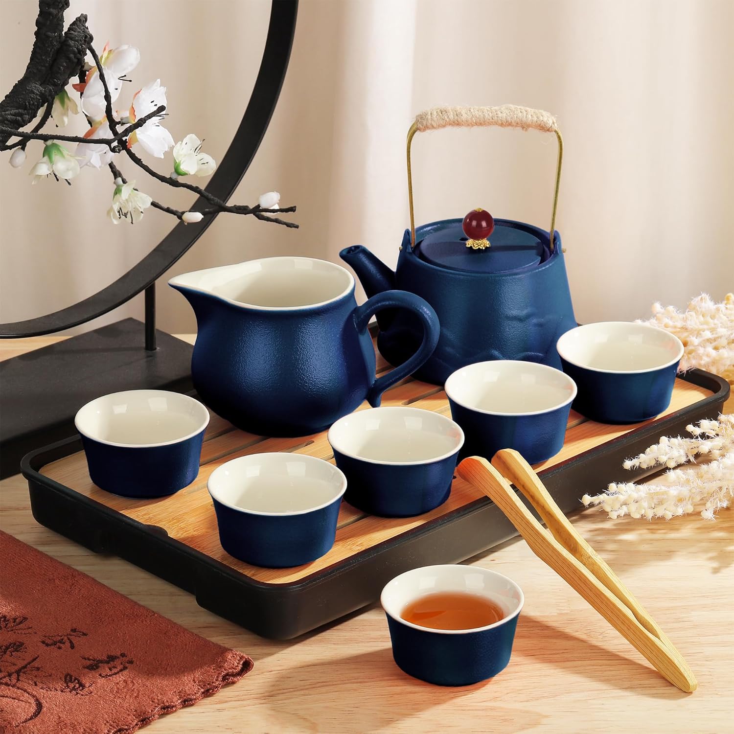 fanquare Chinese Kung Fu Tea Set with Leather Case, Elegant Ceramic Tea Ceremony Sets with Fair Cup Tea Tray Cups Tea canister, Portable Teapot Set for Adults Tea Table