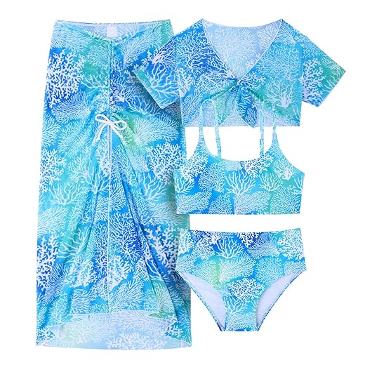 Idgreatim Girl's Swimsuit 4 Piece Bathing Suits Cute Seaweed Print Wrap Bikini Set with Beach Skirt Size 7-8