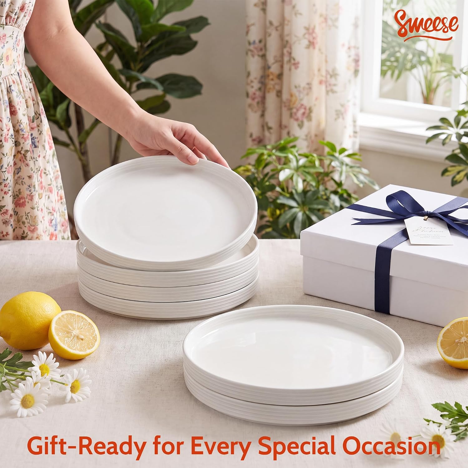 Sweese 7.8Inch Porcelain Flat Modern Dessert Small Plates Set of 6, White image 5