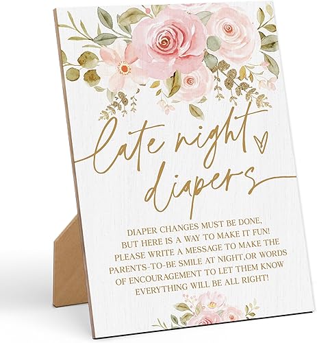 Letrero de pañales de Baby Shower Games Late Night de 8 x 11 pulgadas, letrero de madera floral, decoración de mesa neutra de género para fiesta de