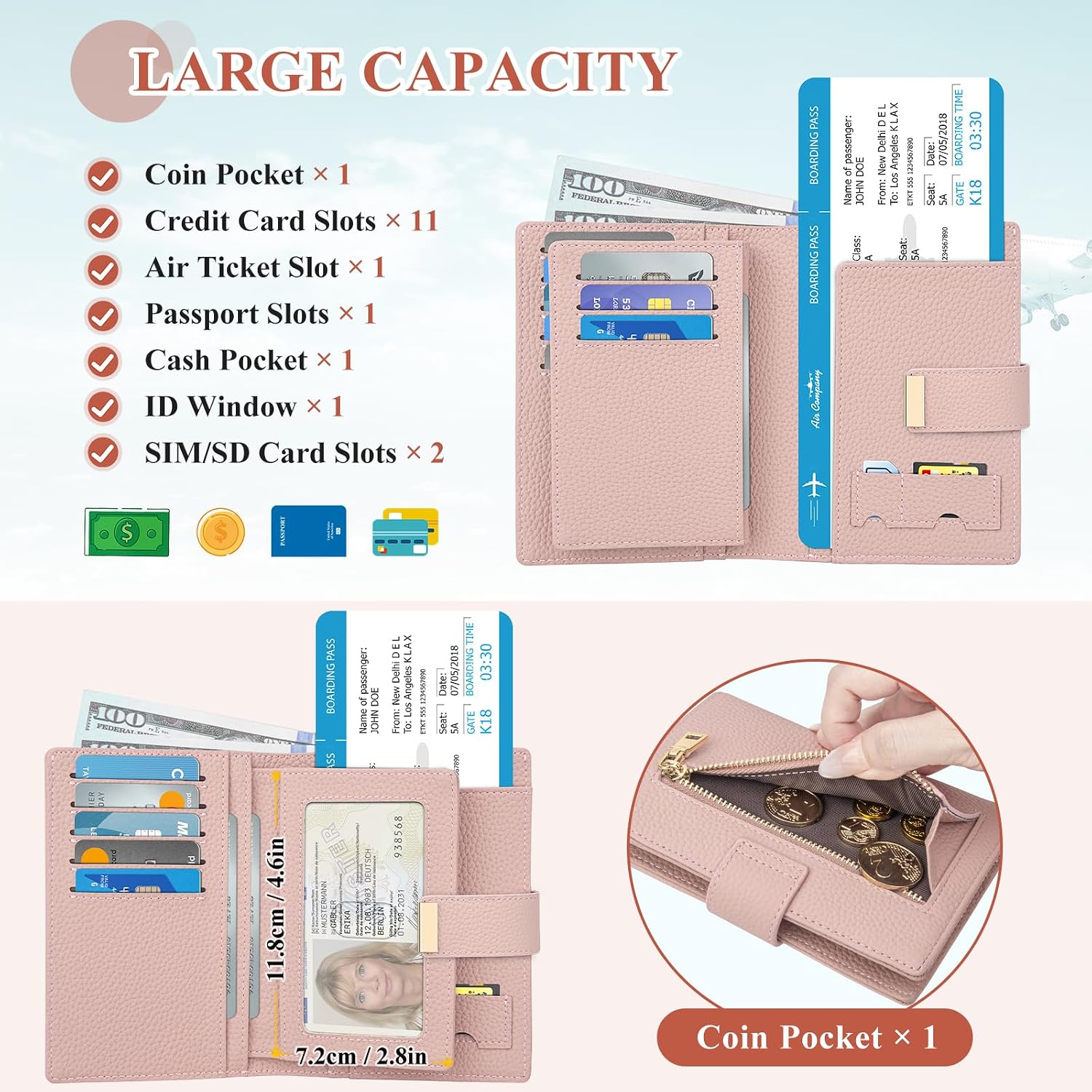 Pink Passport Holder with Airtag RFID Blocking Travel Wallet for Women, Leather Passport Wallet with Airtag Slot Slim Compact Passport Cover with Zipper Coin Pocket, Holder Card, SIM, Cash