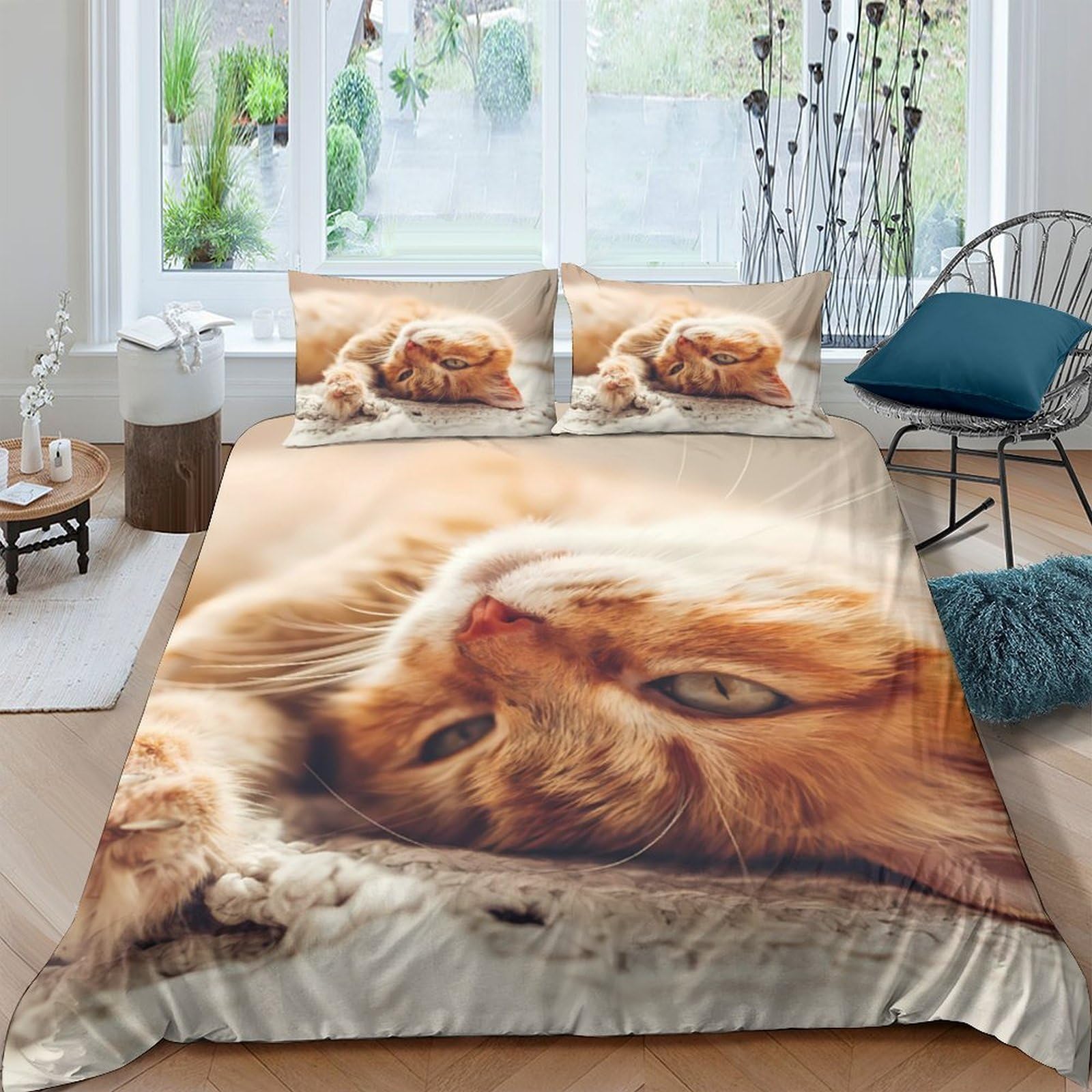 TUFRTGYHN 3D Printed Ginger Cat Duvet Cover Microfiber Soft Breathable Kitten Bedding Set with 2 Pillowcases for Bedroom Decor Single（135x200cm）