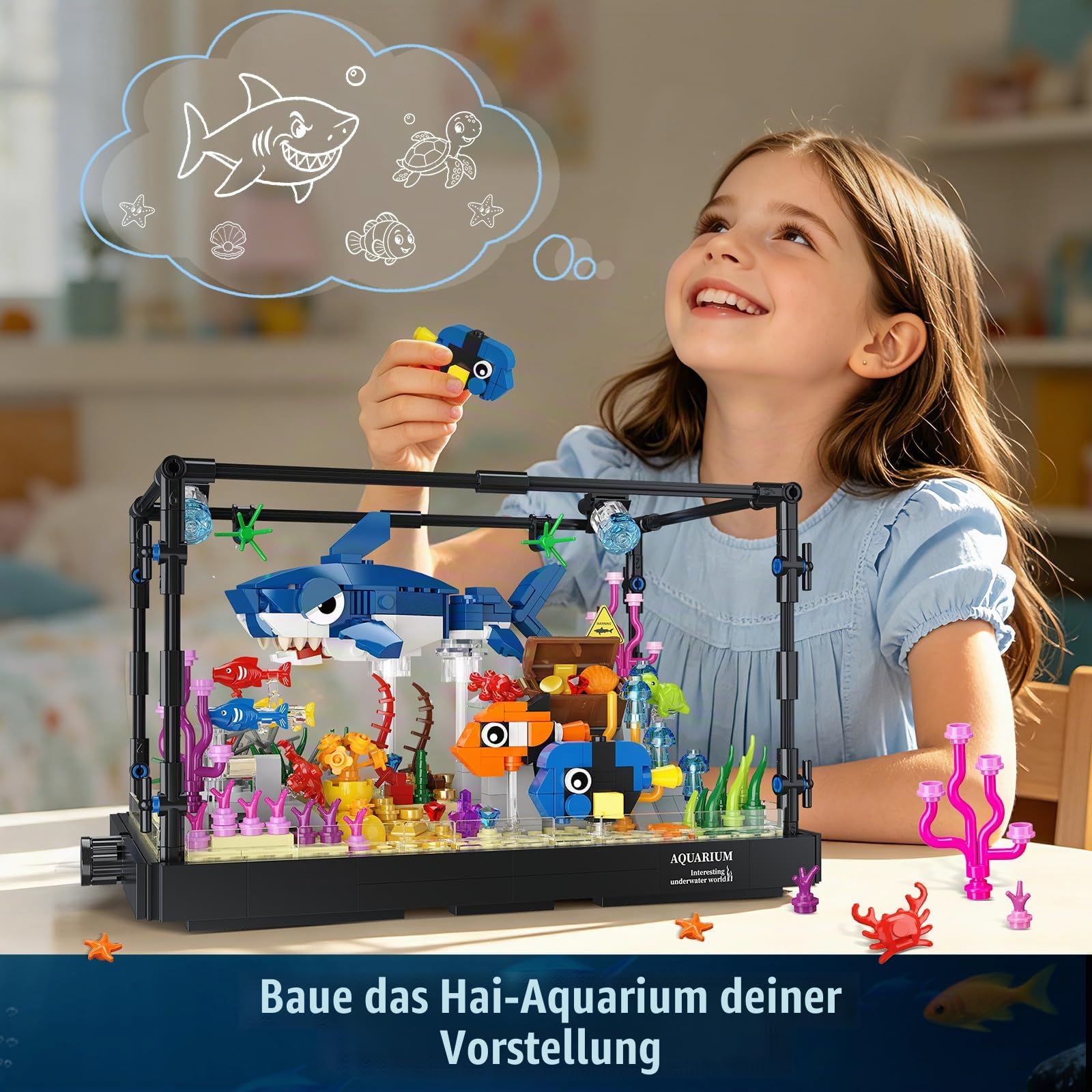 HOGOKIDS Technik Hai Aquarium Bauspielzeug mit Licht für Jungen ab 8 Jahren | Bewegliches Fish Tank Spielzeug mit Hai Figur, Schatztruhe & Meerestieren, Weihnachten Geburtstag Geschenk für Kinder Mädchen