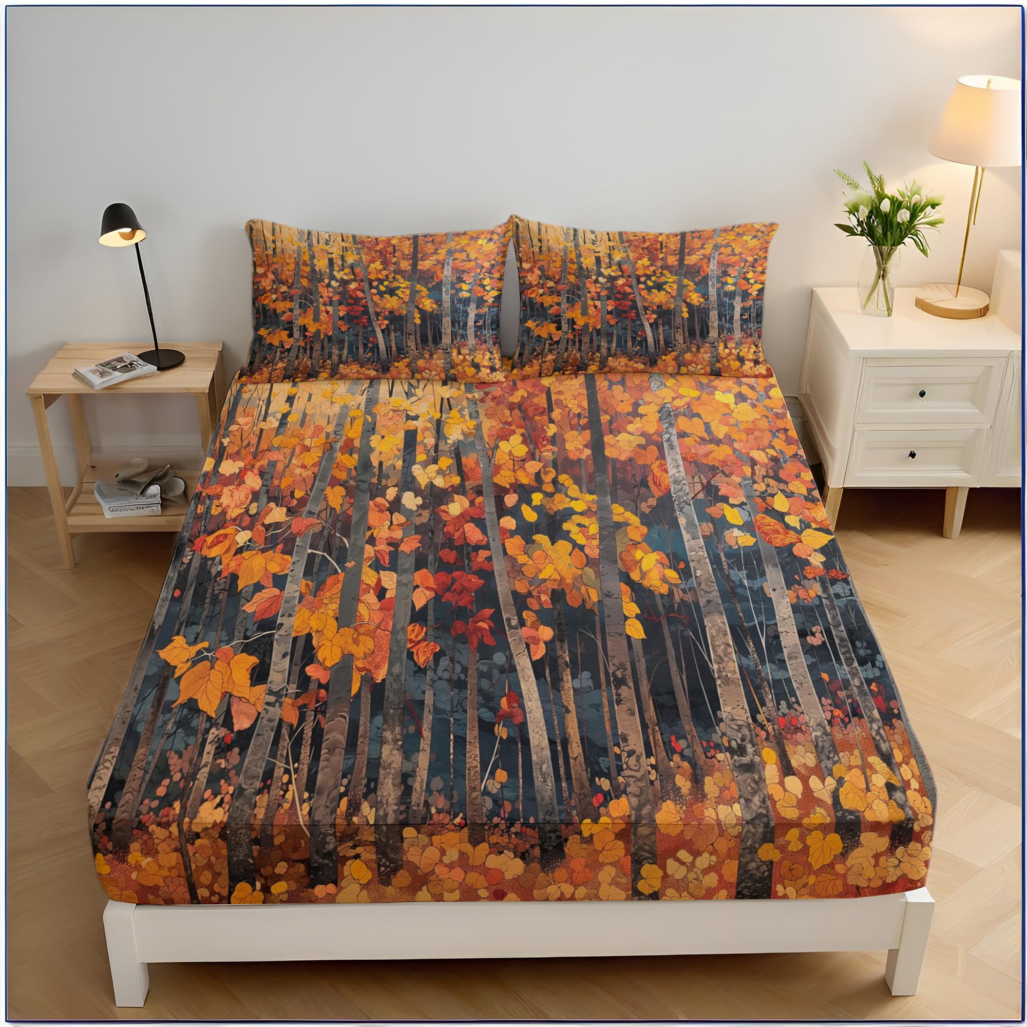Drap-housse de qualité supérieure motif forêt d'automne grand bonnet 30cm microfibre