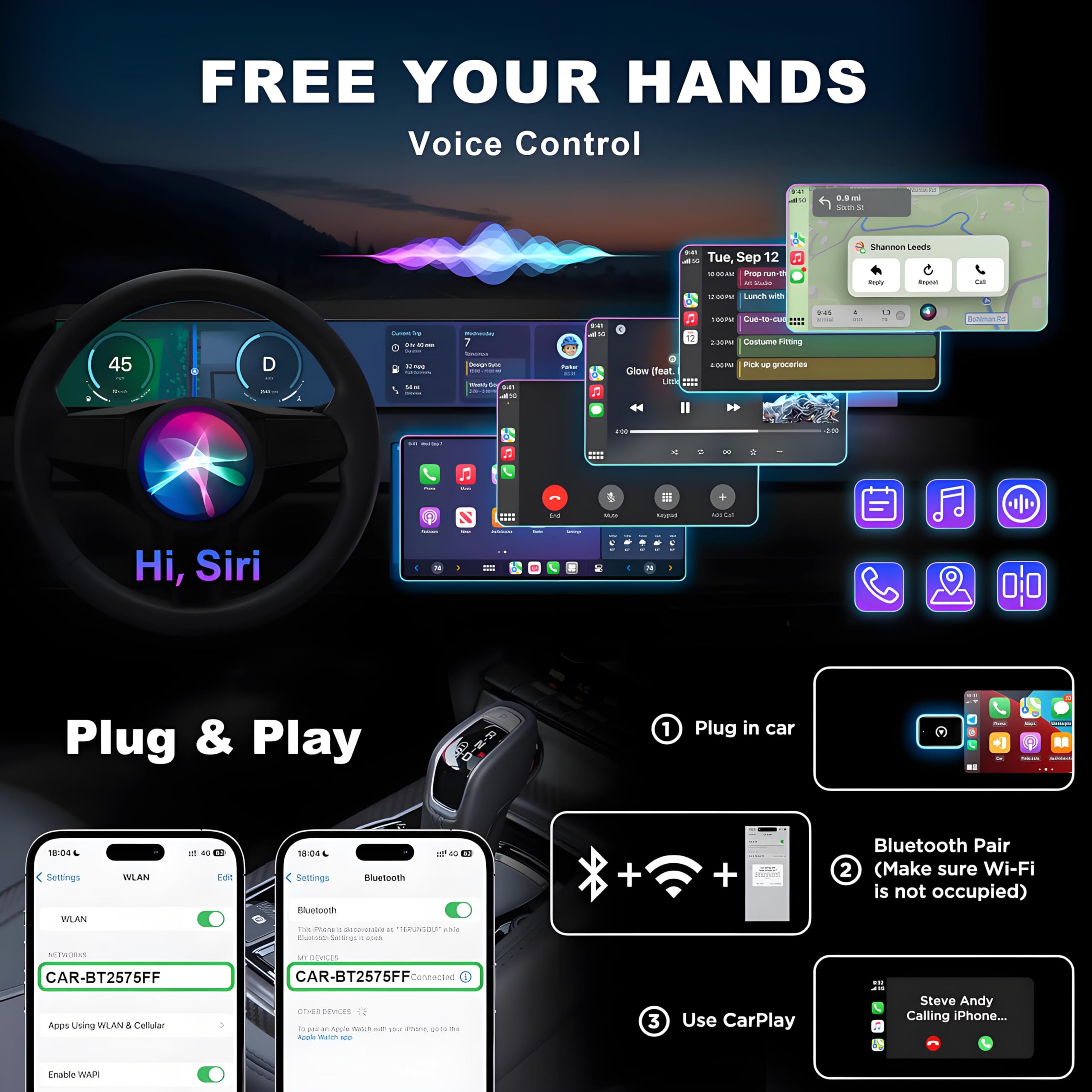 Bezprzewodowy adapter CarPlay do iPhone'a, konwertuj przewodowy na bezprzewodowy adapter Apple CarPlay, Plug & Play, bez opóźnień i stabilne sterowanie, mini rozmiar, USB i USB-C/typ C do samochodów