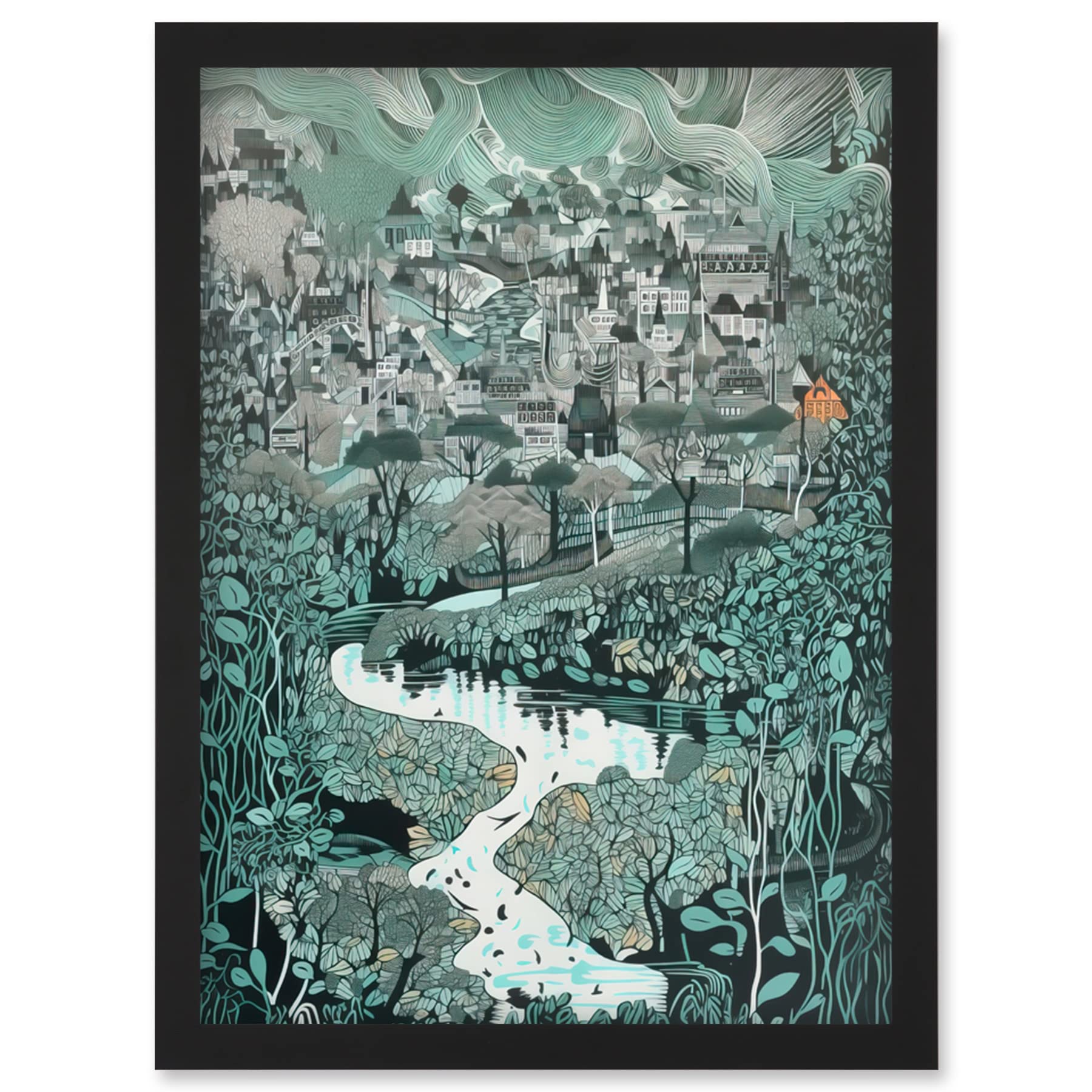 Artery8 Village Near River Forest Landscape Blue Linocut Artwork Framed Wall Art Print A4