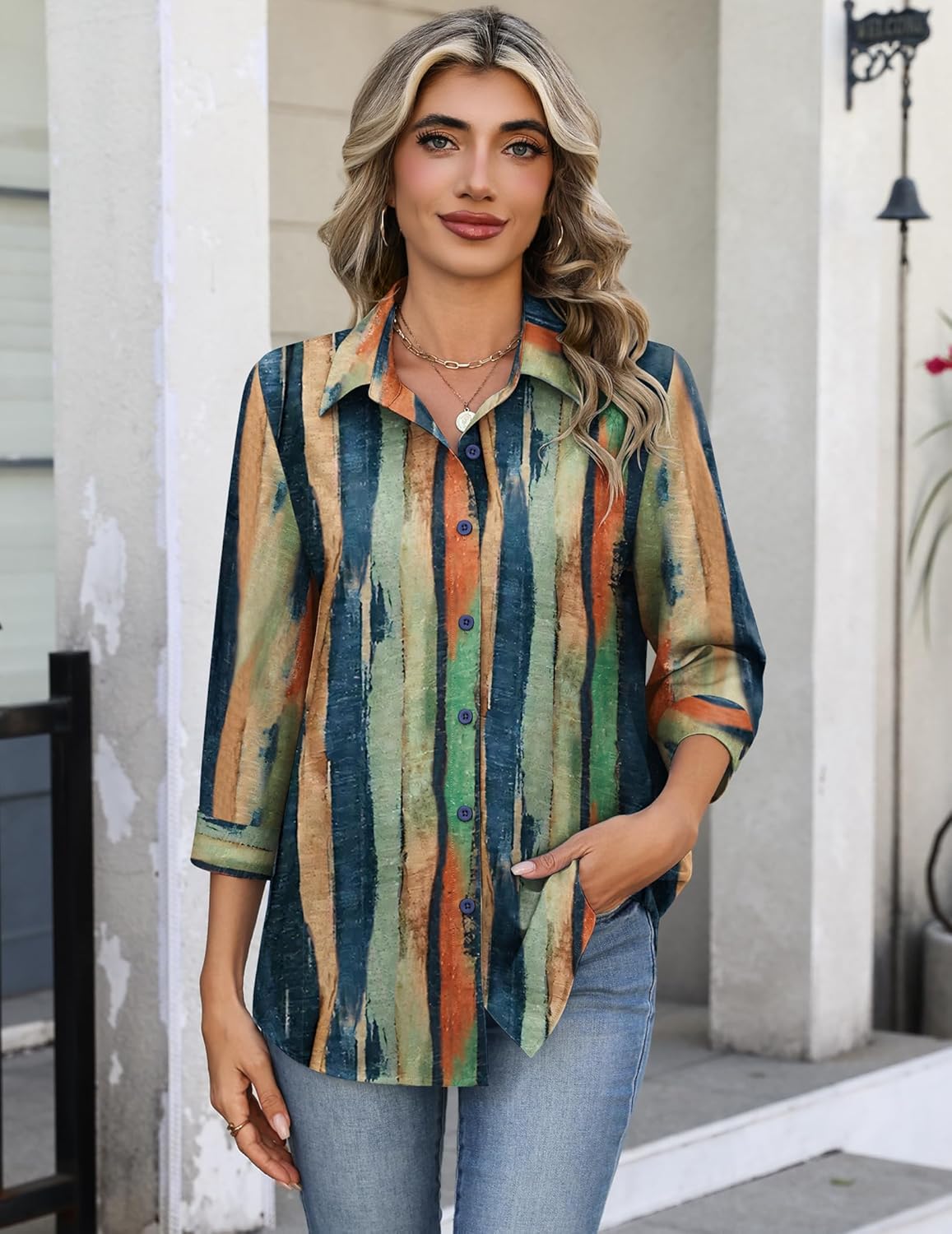 Zeagoo Button Down Shirts for Women 3/4 Sleeve Tops V Neck Collared Blouses Business Casual Outfits S-2XL - Image 2