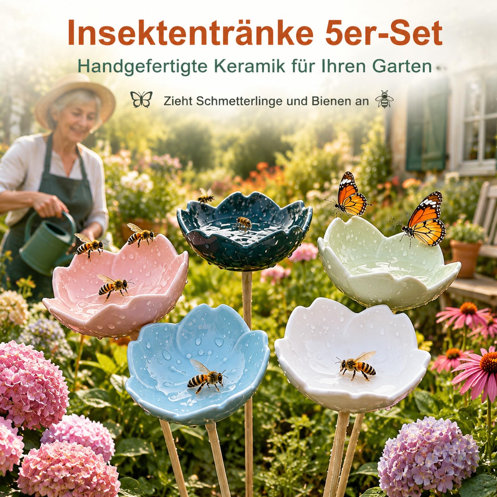 5 Stück Bienentränke Keramik, Insektentränke, Bienentränke für Den Garten, Bienenbar Wassertränke Mit Stecker Kreative Blüte Gartenstecker Geschenk Futternapf für Honig, Spenders (5 Stück)