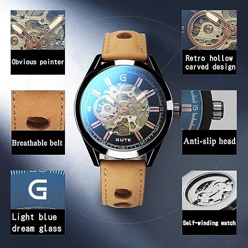 Miniatura 3 de Relojes steampunk automático de esqueleto mecánico para hombre reloj casual de cuero marrón Marrón Estilo steampunk