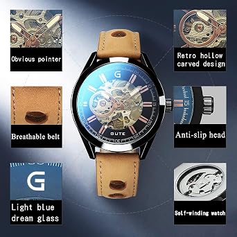 GLEIM Mechanical Skeleton Watch Self-Winding Leather Brown Casual