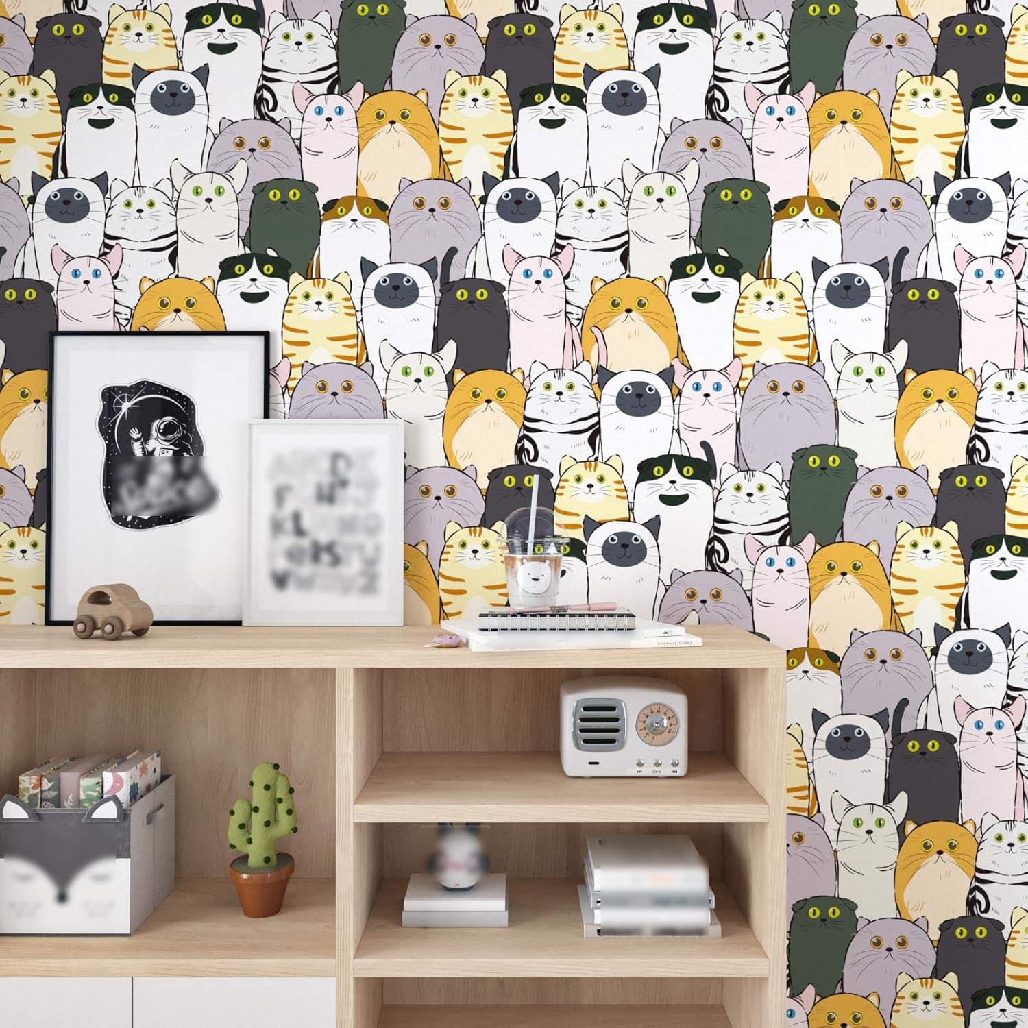 Wallercity Cute Cats Peel and Stick Wallpaper Cartoon Animal Wallpapers for Kids Room Nursery Self Adhesive Waterproof Fun Contact Paper for Shelf Cabinets 17.5''x315'' Cat Wall Paper for Frame Decor