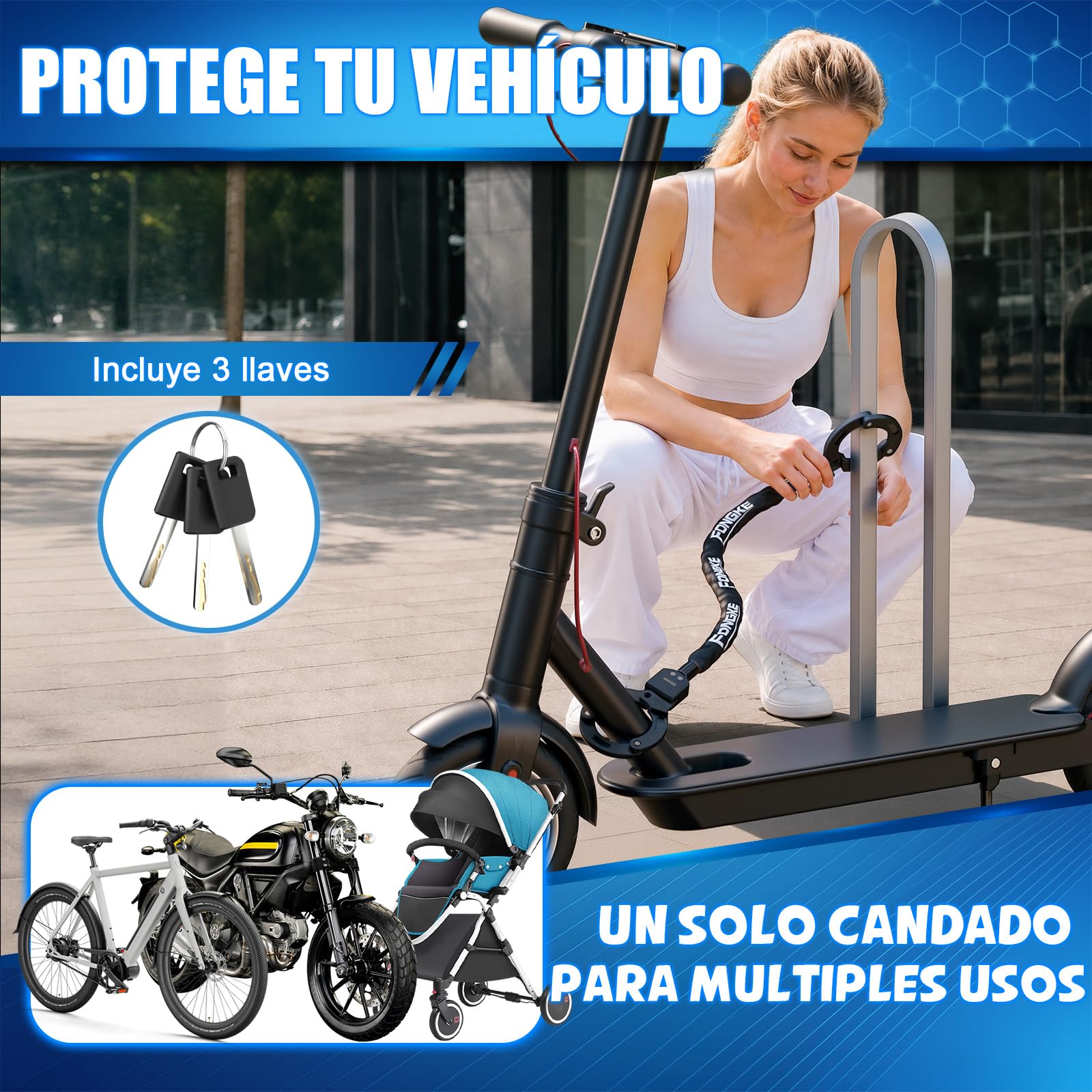 Candado Patinete Electrico, 92cm de Cadena de Acero de 6 mm, Negro