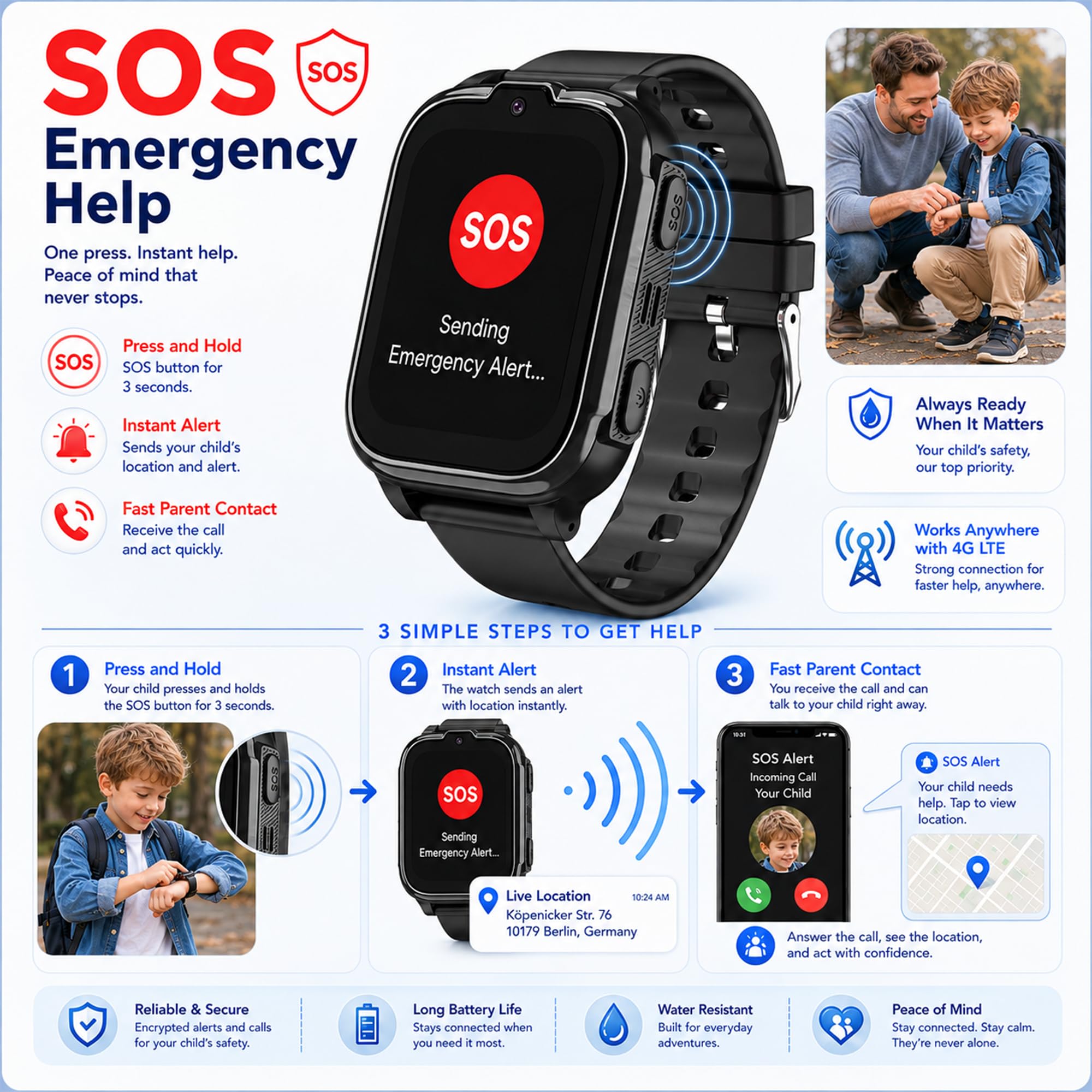 Montre Connectée Enfant GPS 4G Appel Vidéo SOS Chat Familial Podomètre
