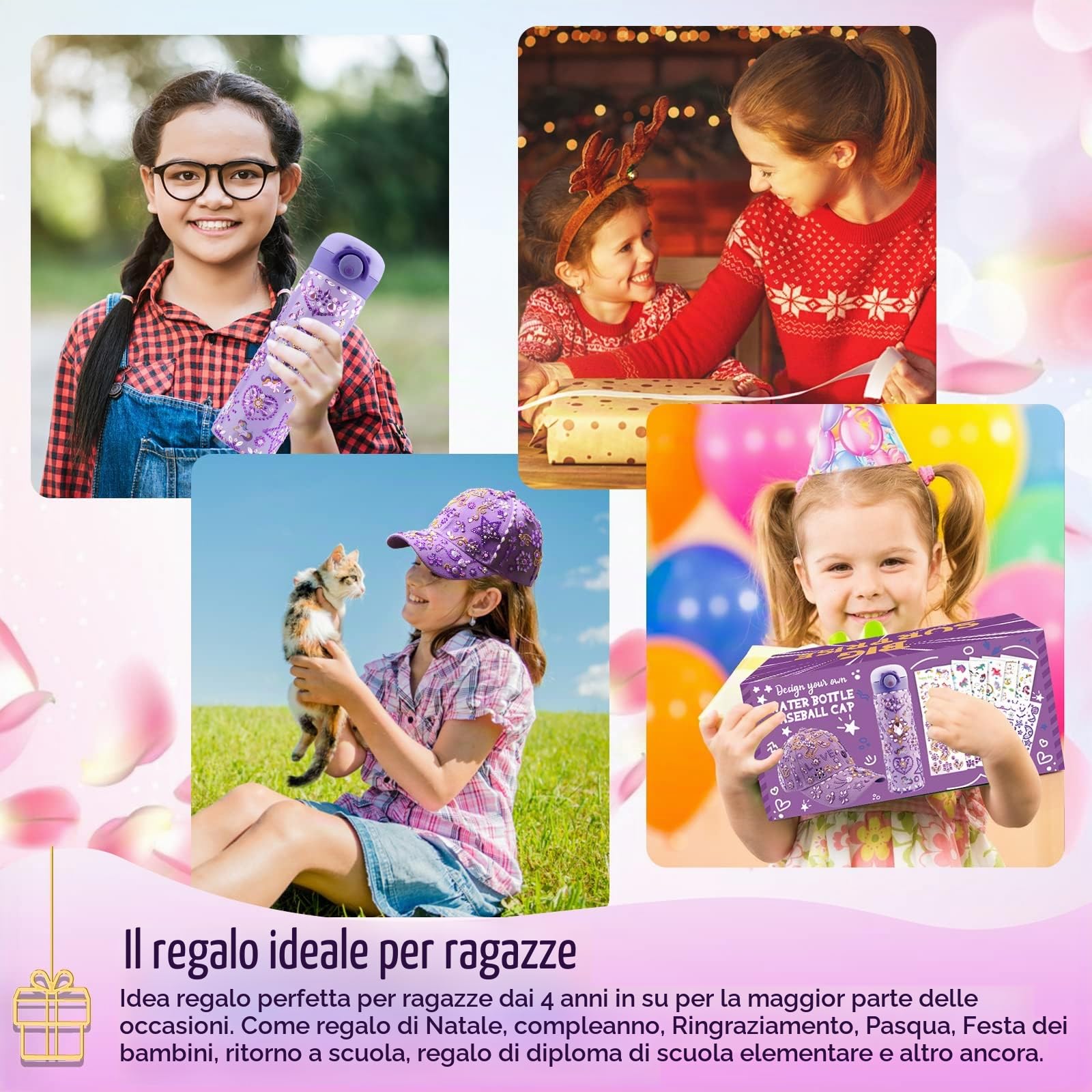 Regalo Bambina 4 5 6 7 8 9 10 11 Anni, Kit Borraccia e Berretto da Baseball Fai Da Te con Gemma e Unicorno Adesivi, Compleanno Regali per Ragazze DIY Bottiglia D'acqua e Cappellino da Baseball