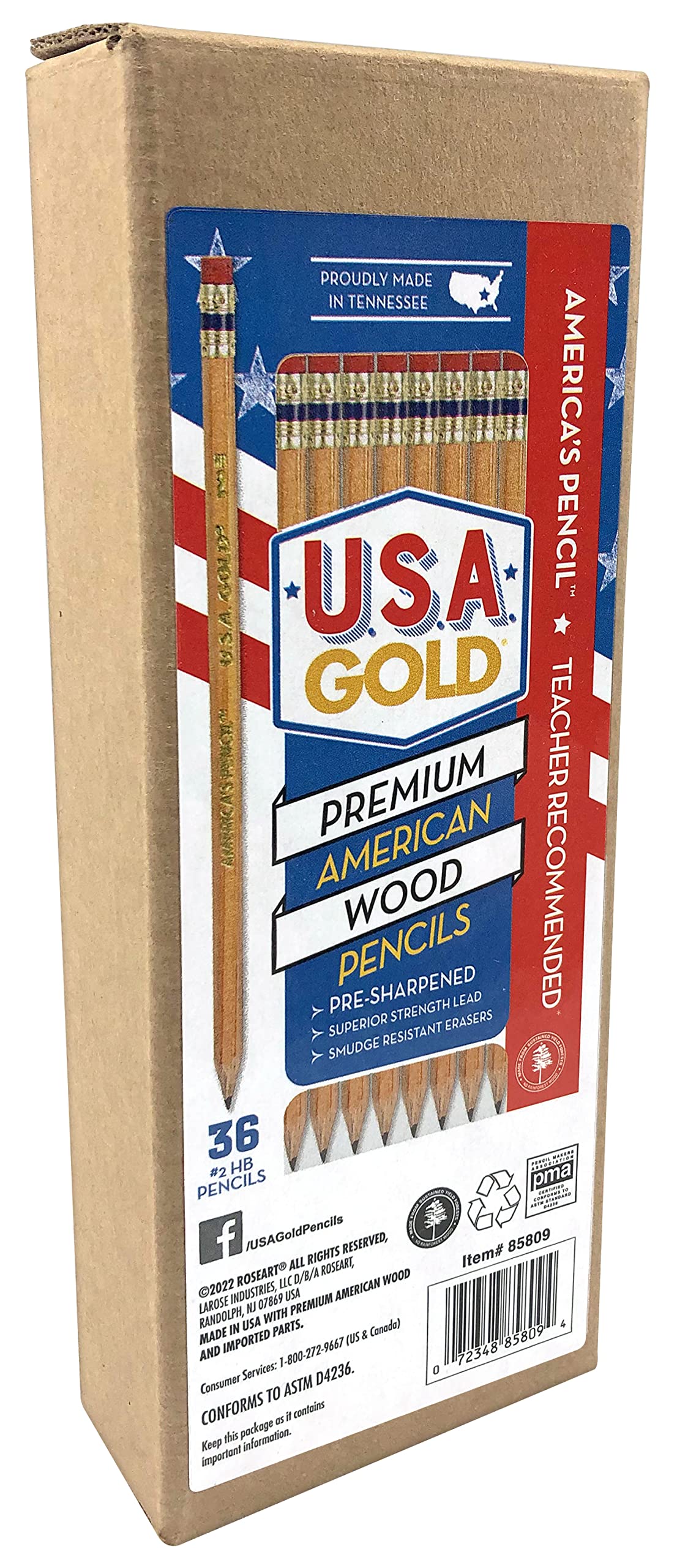 RoseArt U.S.A. Gold Lot de 36 crayons naturels HB pré-aiguisés avec étui en bois américain #2