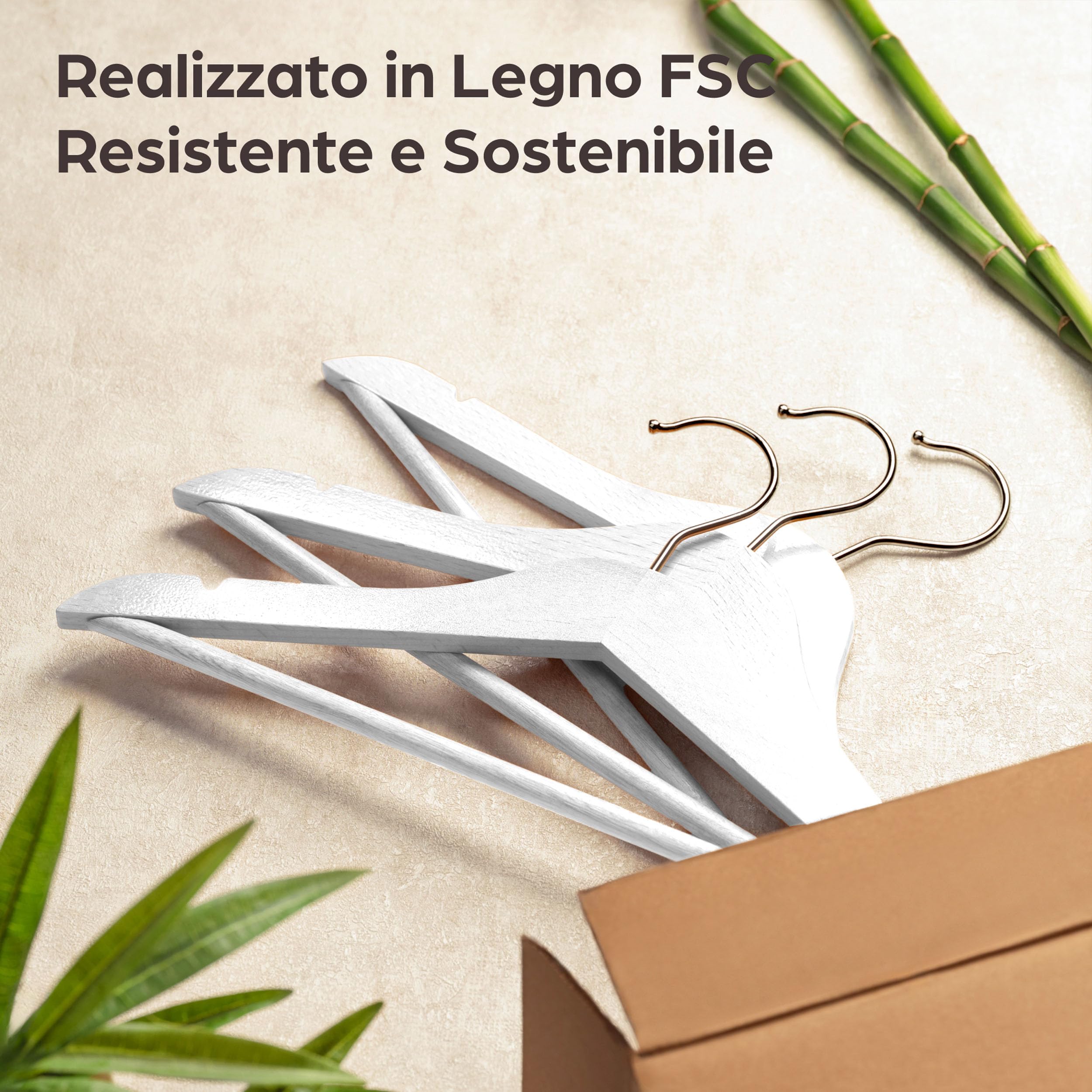 Praknu Grucce in Legno Bianco 20 Pezzi - Gancio Girevole a 360° - Incavi sulle Spalle - Con Barra per Pantaloni - Legno Massiccio Certificato FSC - Salvaspazio