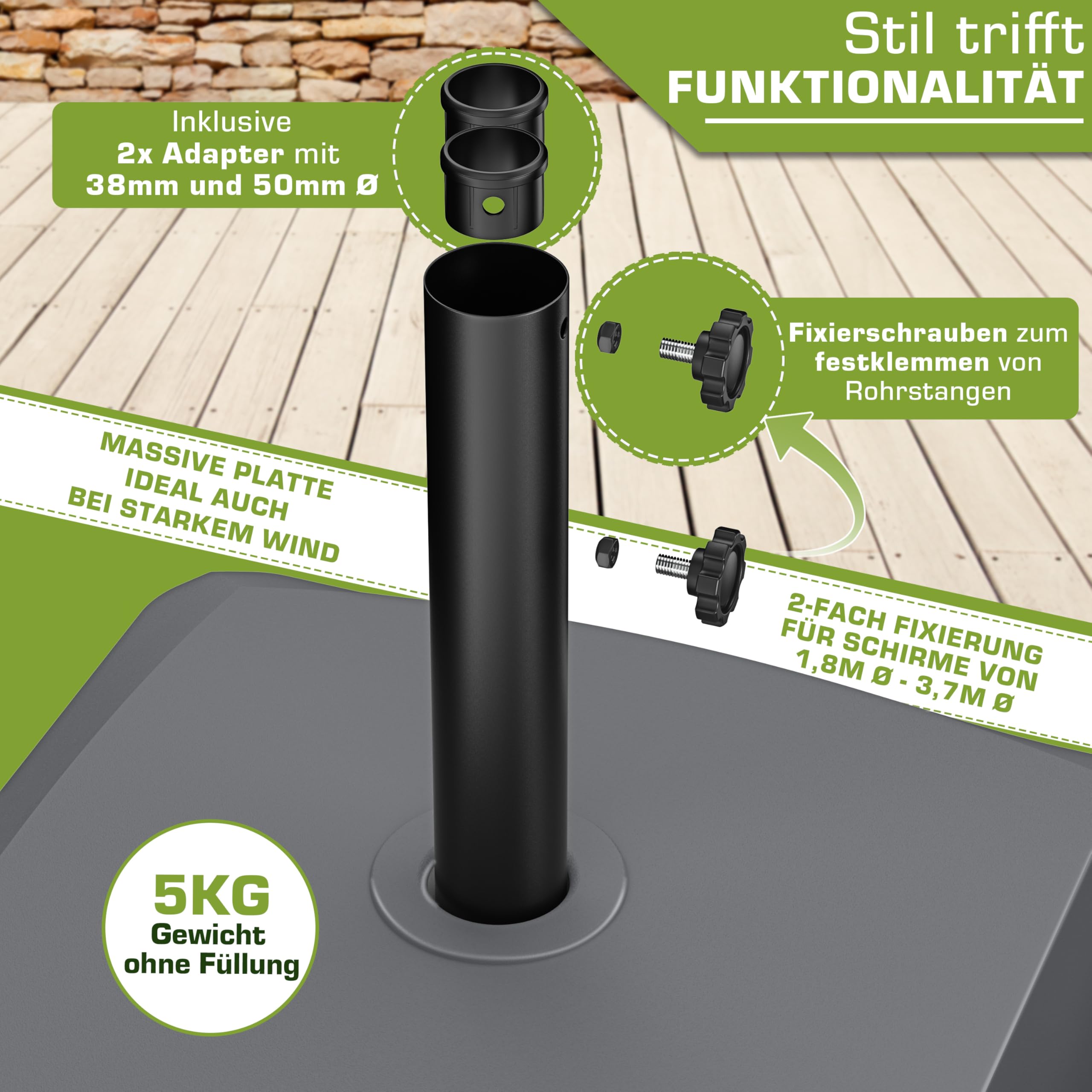 tillvex® Sonnenschirmständer PAVERA mit Rollen & Bremsen | Schirmständer befüllbar 37 Liter/56 kg | Schirmgewicht Sonnenschirm & Marktschirm Ø1,8-3,7m | Rollbar, wetterfest & UV-beständig (Anthrazit)