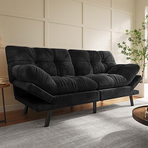 YITAHOME Futon Sofa Bed with 3-Position Adjustable Backrest & Armrests, Upholstered Loveseat Couch Bed, Expandable Foldable Design for Living Room, Bedroom, Small Apartments, Black