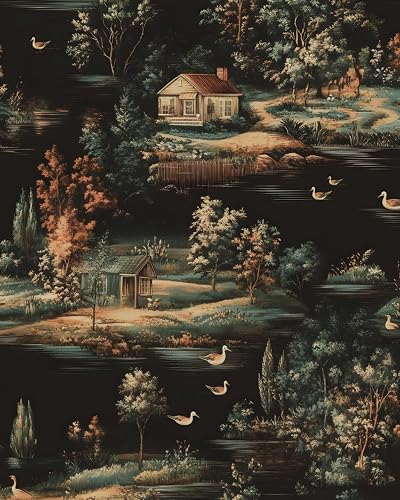BOKEBEVE Vintage Village Cottage Wallpaper Peel Stick Black 17.5 x 393.5In | Boho Floral Contact Paper Removable Renter Friendly Self Adhesive Wall Paper for Accent Wall Hallway Bedroom Bathroom