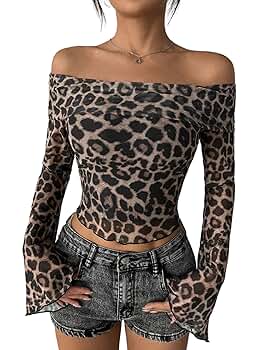 LOFAAC Women Y2K Leopard Print Off Shoulder Mesh Crop Top