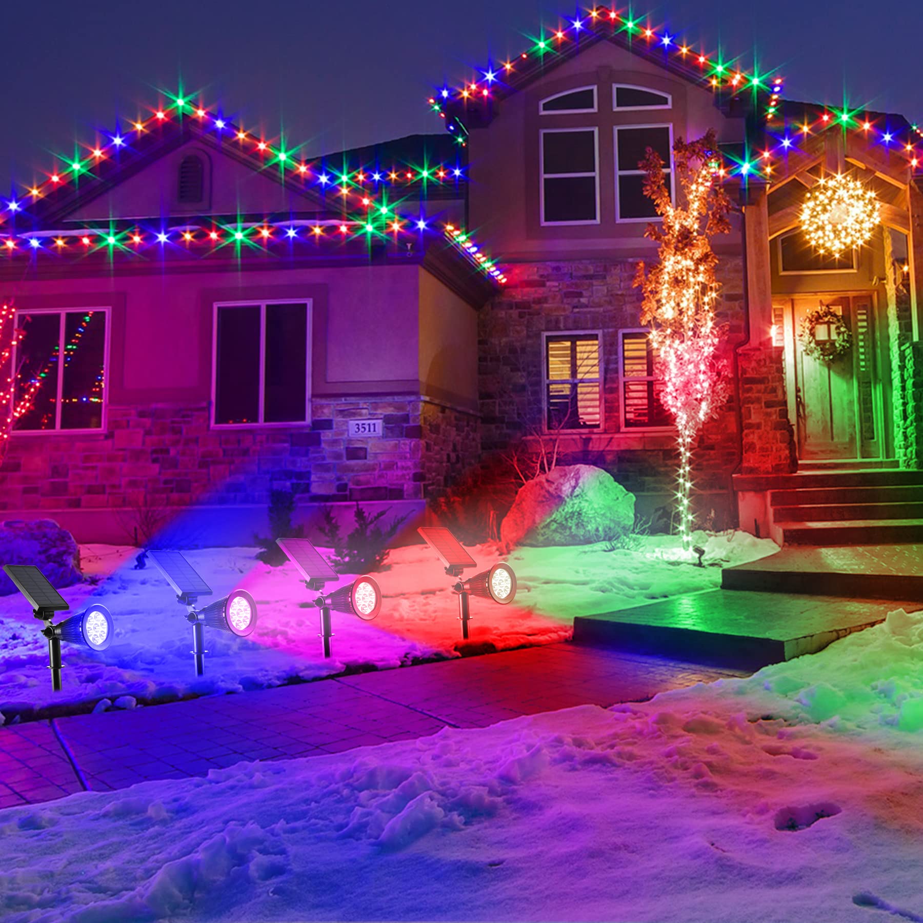 OKEER Solar Spotlights, 2 in 1 Waterproof 7 LED Fixed Colored Solar Adjustable Wall Lights Security Landscape Lighting Dark Sensor Auto On/Off for Tree Walkway Deck Garden Yard Pool Area (4 Pack)