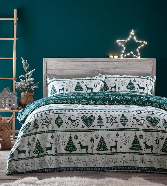 Portfolio Home Festive Noel Teal Green Duvet Cover Set Christmas Double Bedding Set PNOED2C