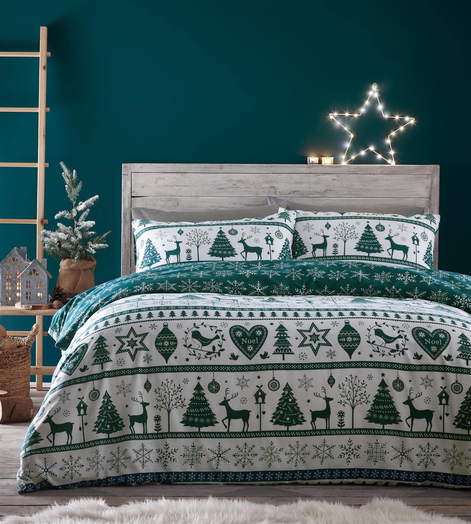 Portfolio Home Festive Noel Teal Green Duvet Cover Set Christmas Super King Bedding Set PN...