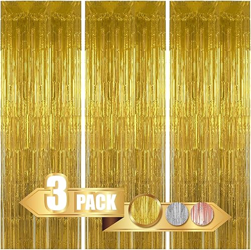 Cortinas doradas para decoraciones de fiesta, paquete de 3 serpentinas doradas de 3.2 x 8.2 pies, decoraciones de cumpleaños, decoraciones de